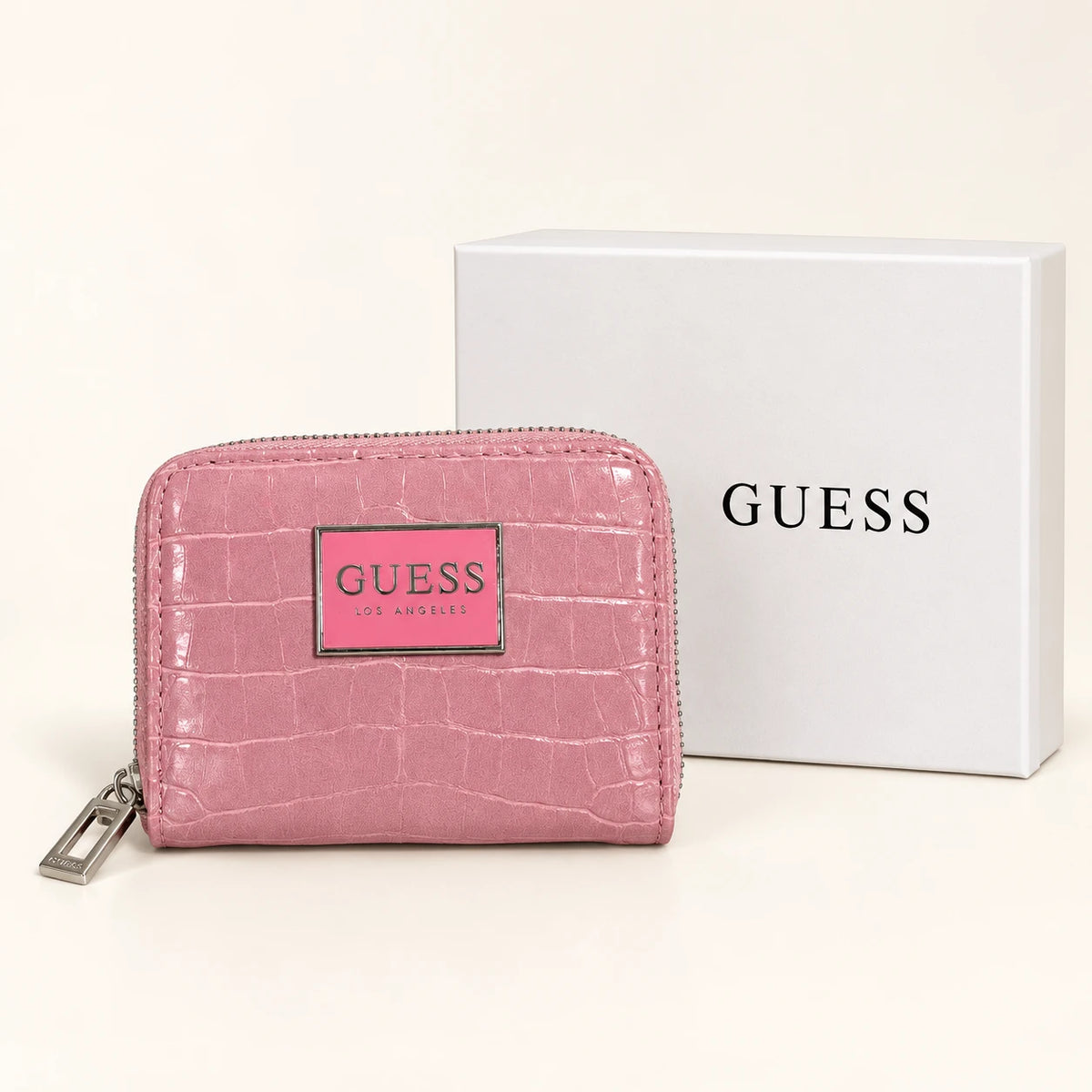 Guess — Portefeuille zippé effet crocodile — Rose avec boîte
