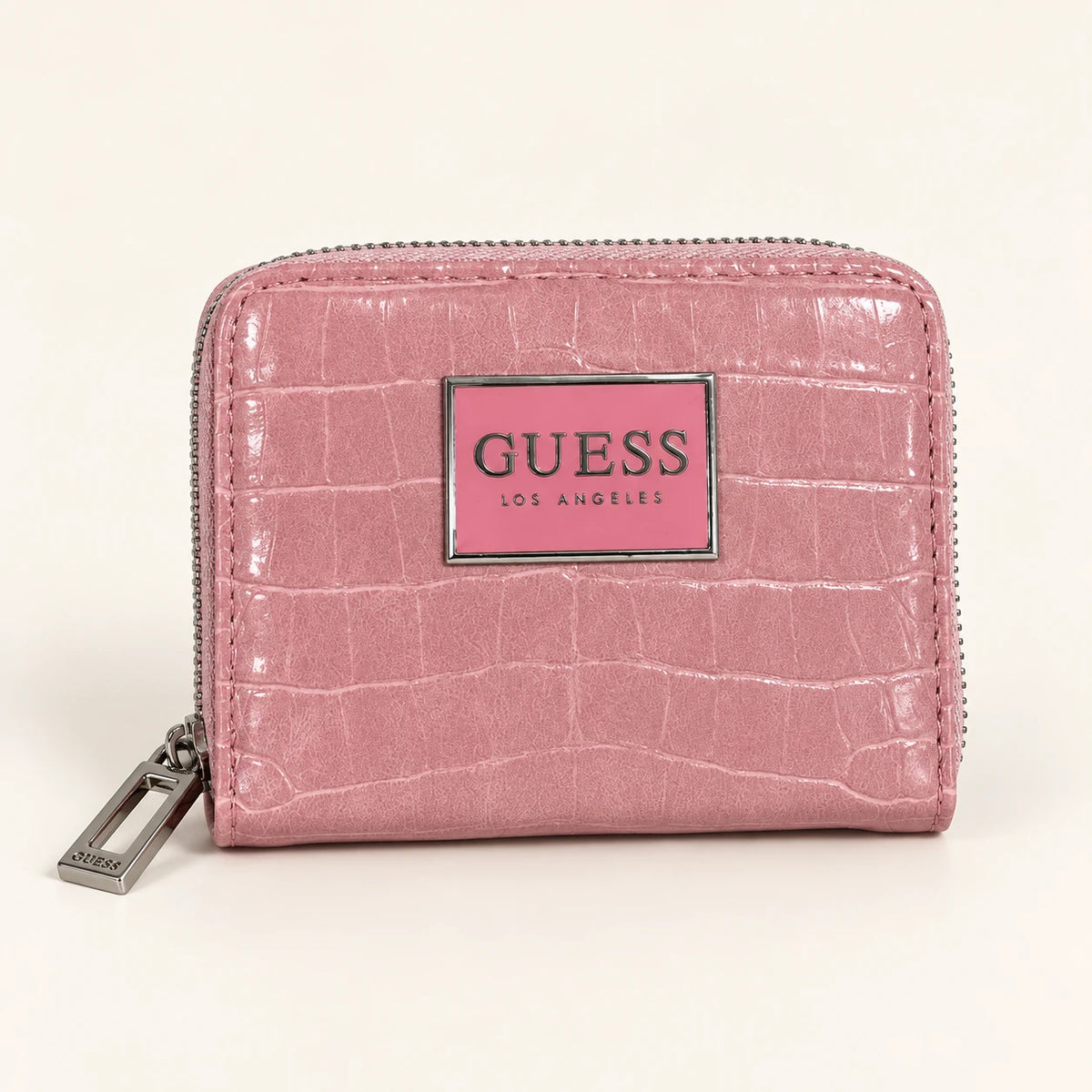 Guess — Portefeuille zippé effet crocodile — Rose