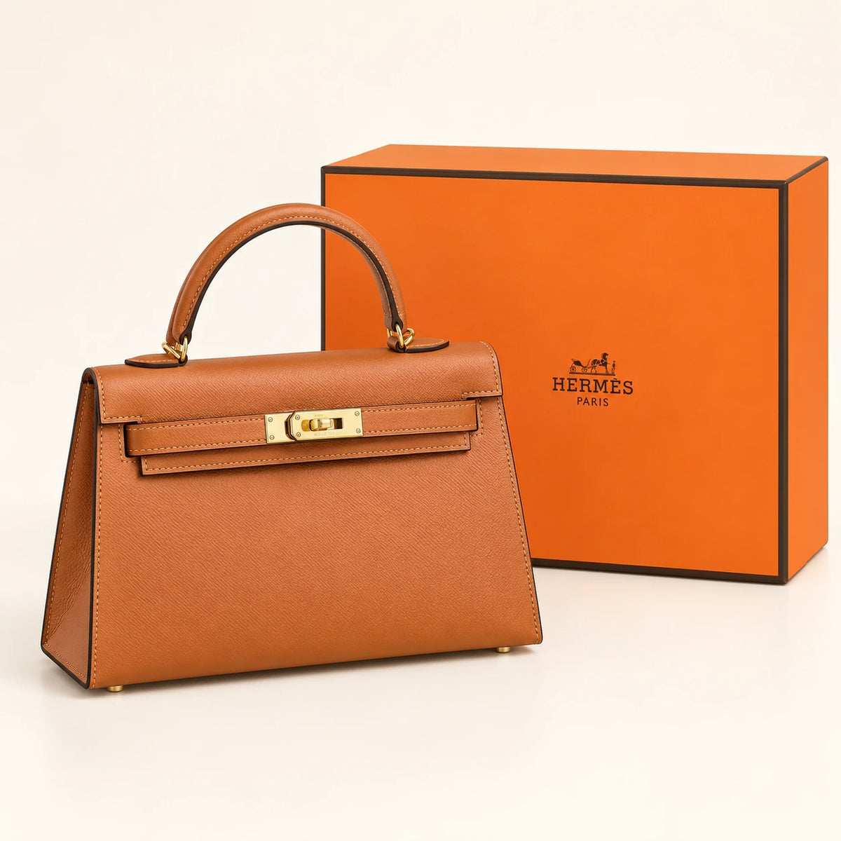 Hermès — Sac structuré poignée unique — Caramel avec boîte