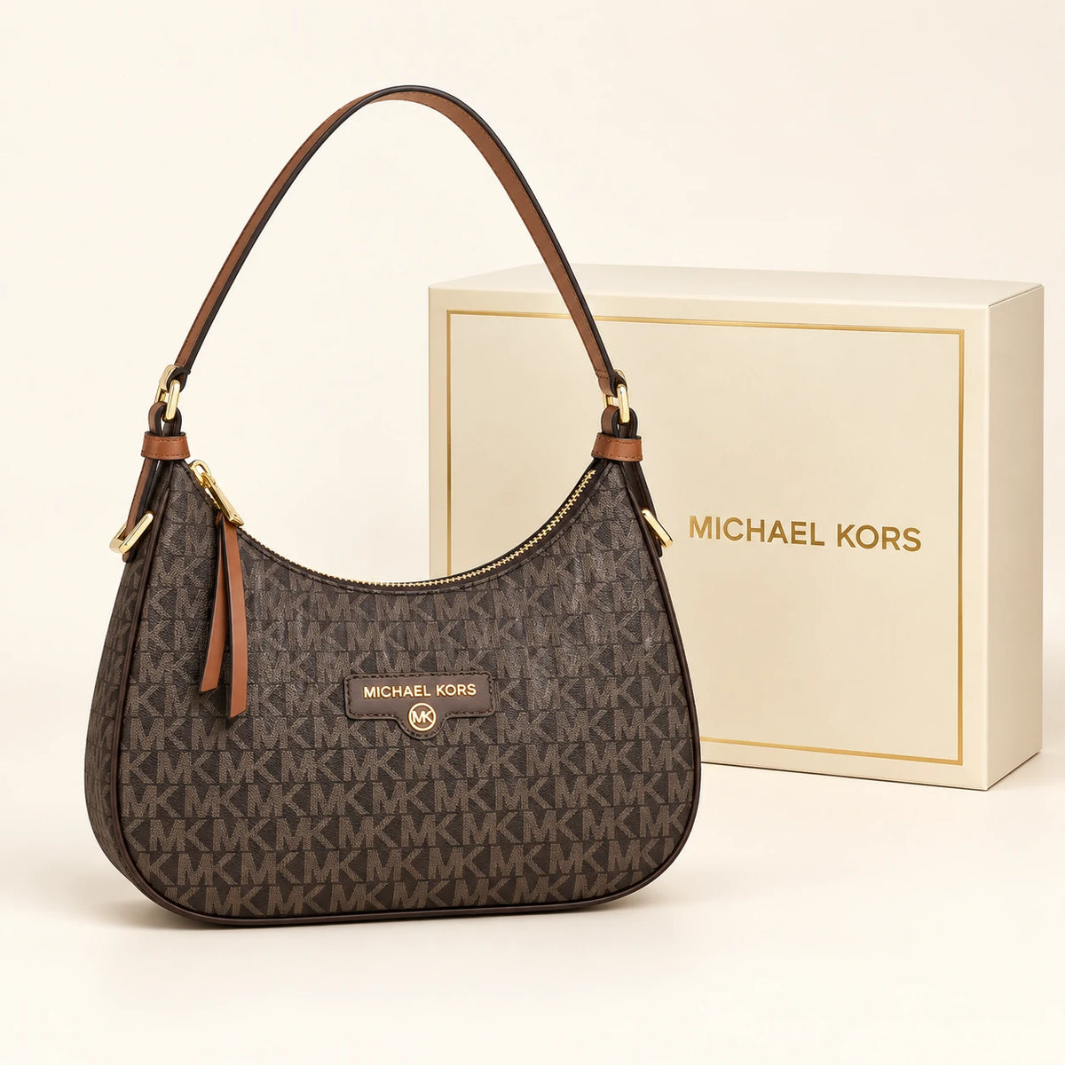 Michael Kors — Sac épaule demi-lune — Marron monogramme avec boîte