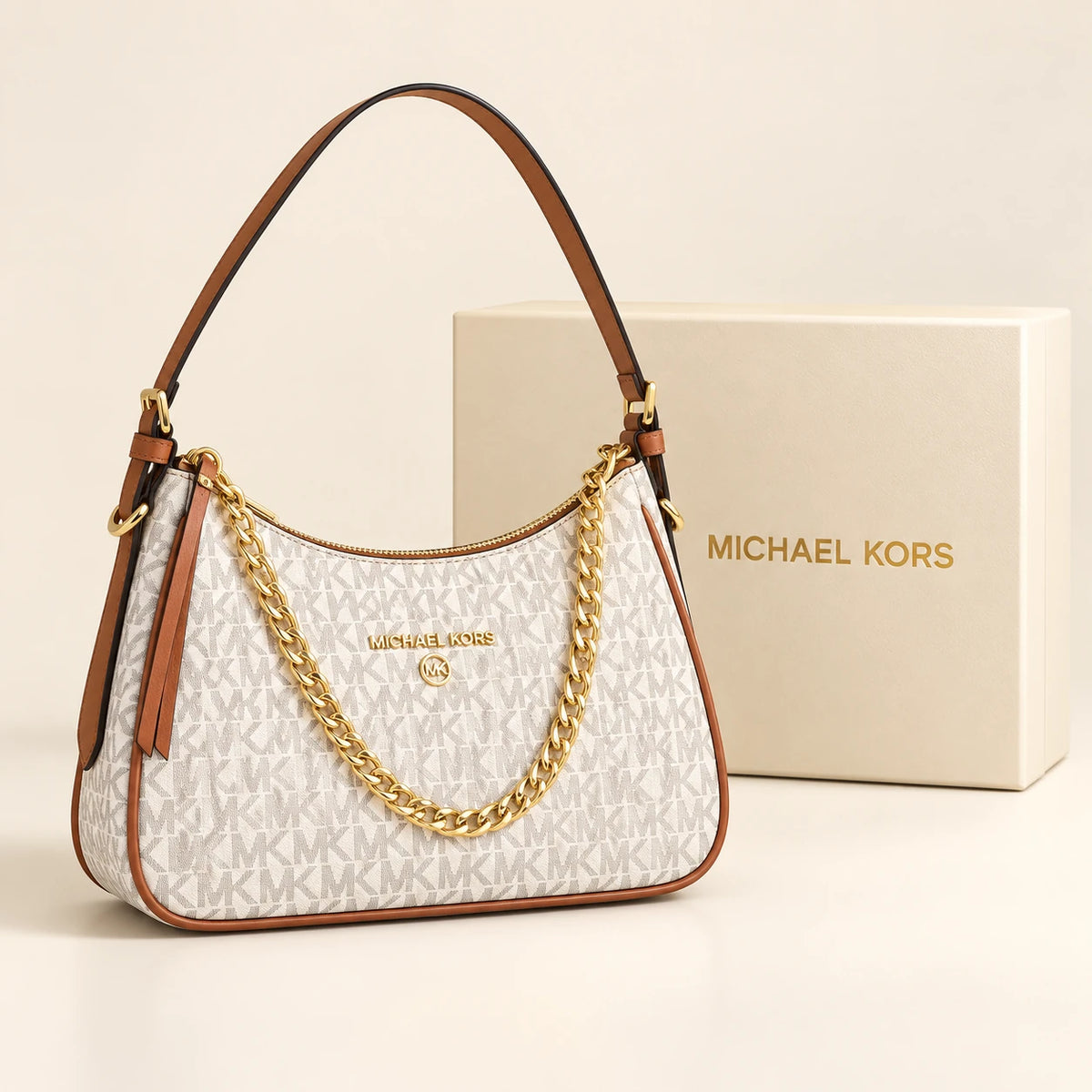 Michael Kors — Sac épaule chaîne — Ivoire monogramme avec boîte