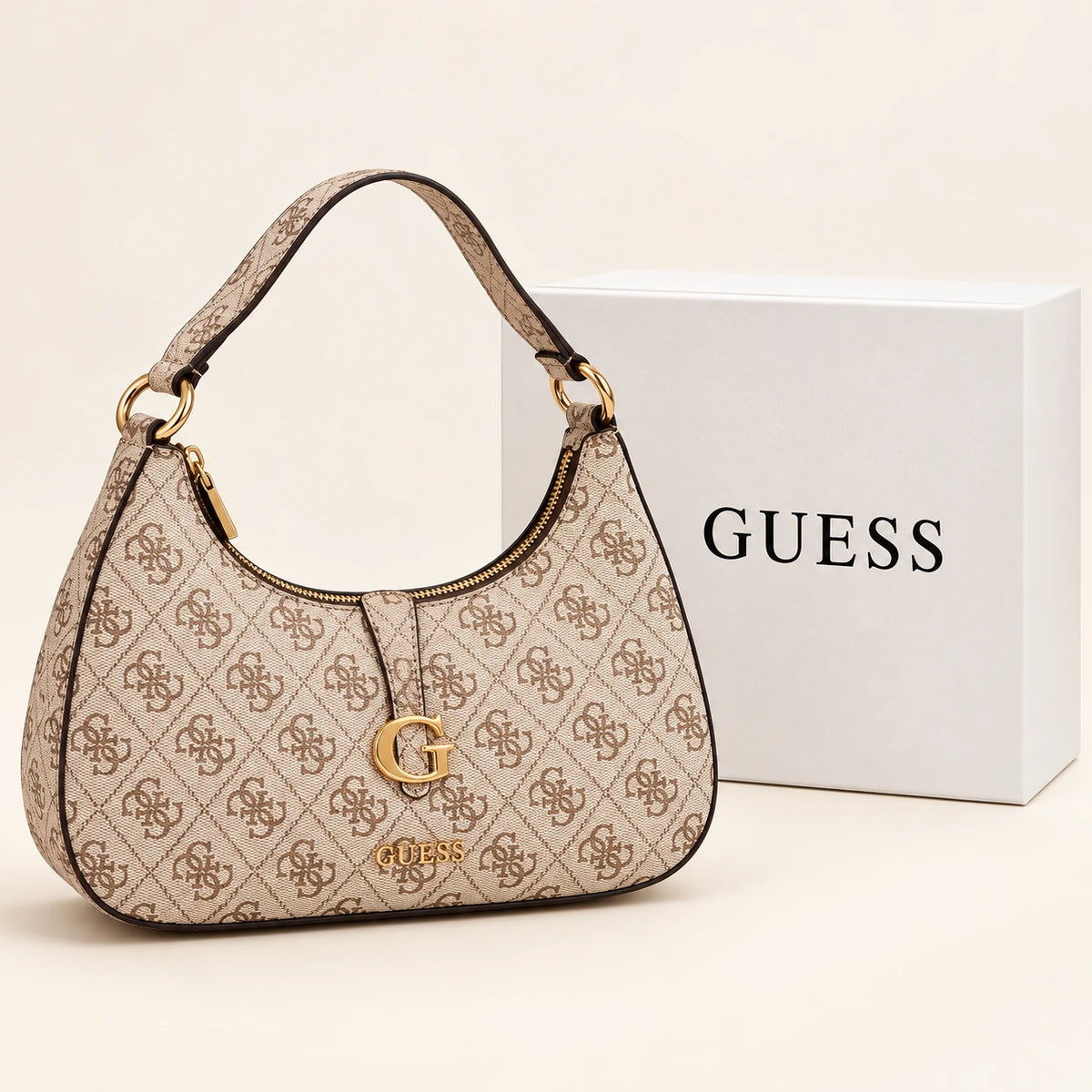 Guess — Sac hobo avec charm — Beige monogramme avec boîte
