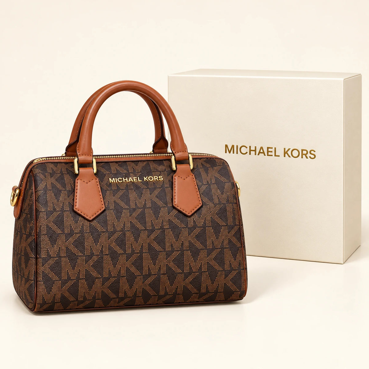 Michael Kors — Grand sac bowling monogramme — Brun avec boîte