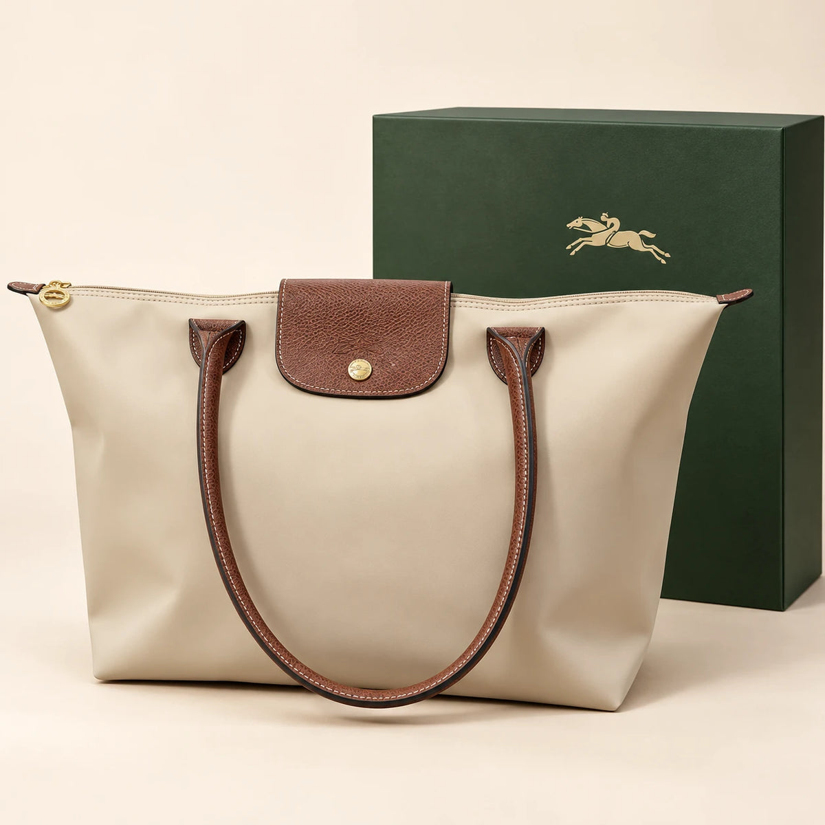 Longchamp Cabas souple à rabat — Beige avec boîte