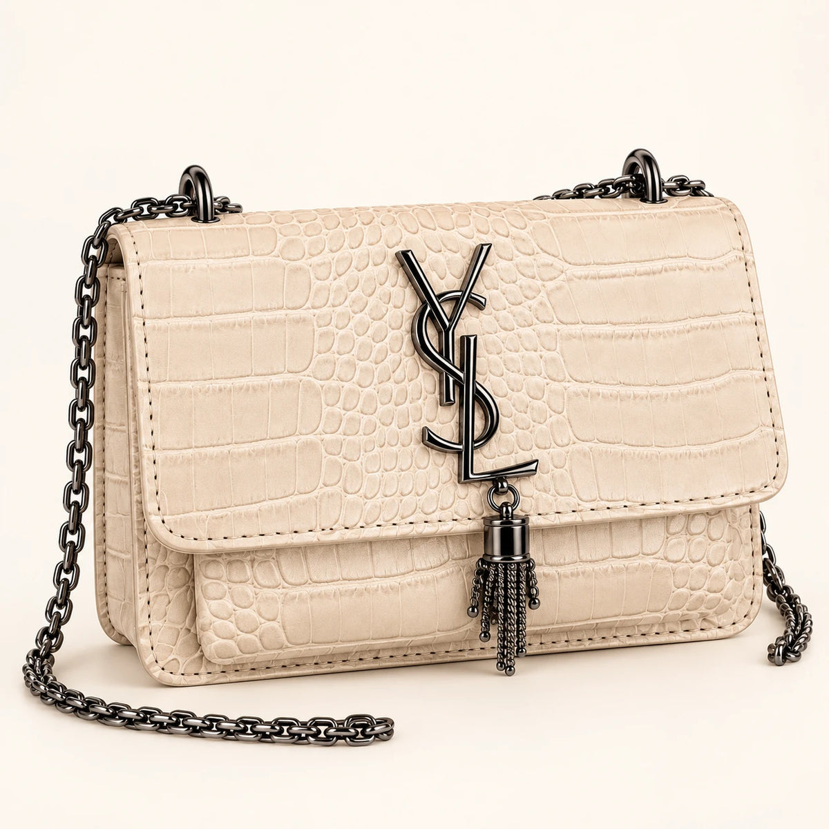 Saint Laurent — Sac chaîne effet crocodile à pampille — Beige