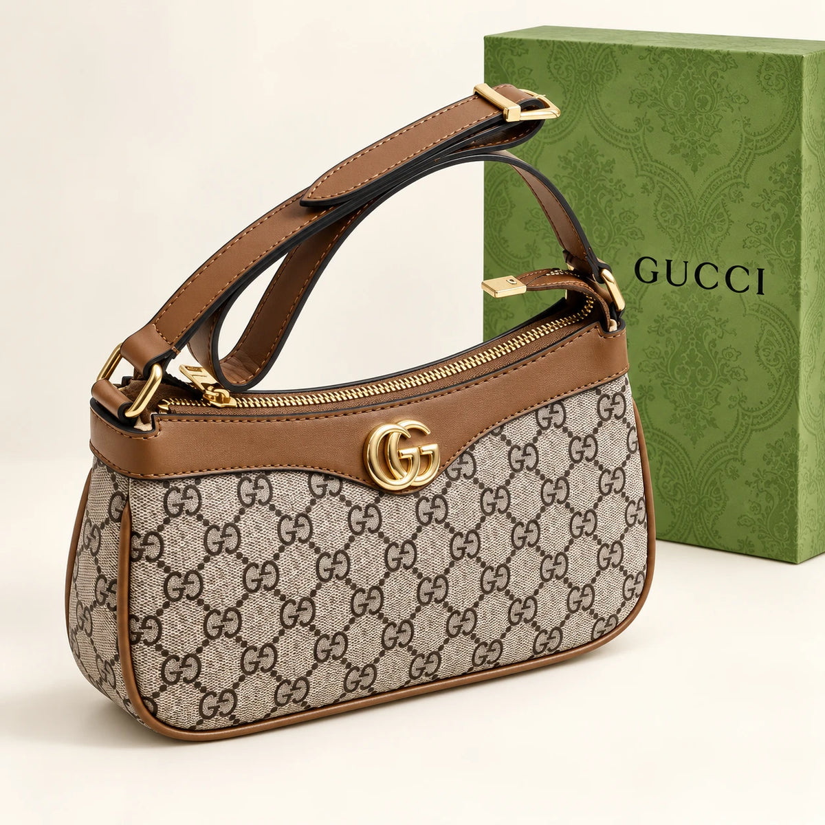 Gucci — Sac épaule zippé double G — Marron avec boîte
