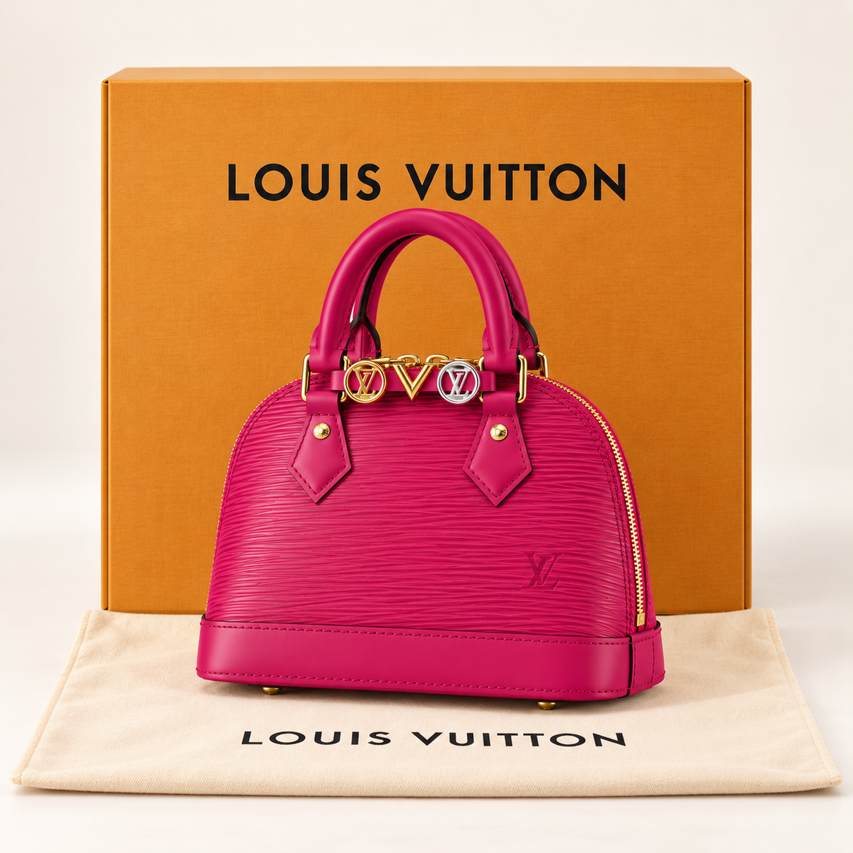 Sac Dôme rose avec boîte Louis Vuitton et housse
