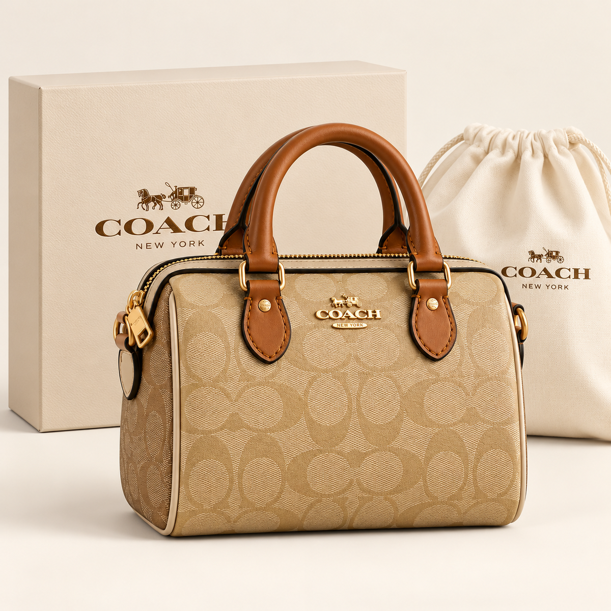Coach Mini sac à anses — Monogramme beige et cognac avec boîte et housse