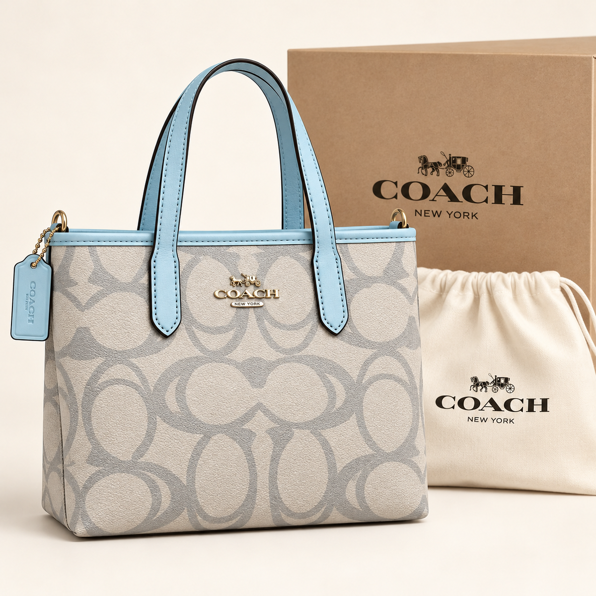 Coach Cabas monogramme — Bleu ciel avec boîte et housse
