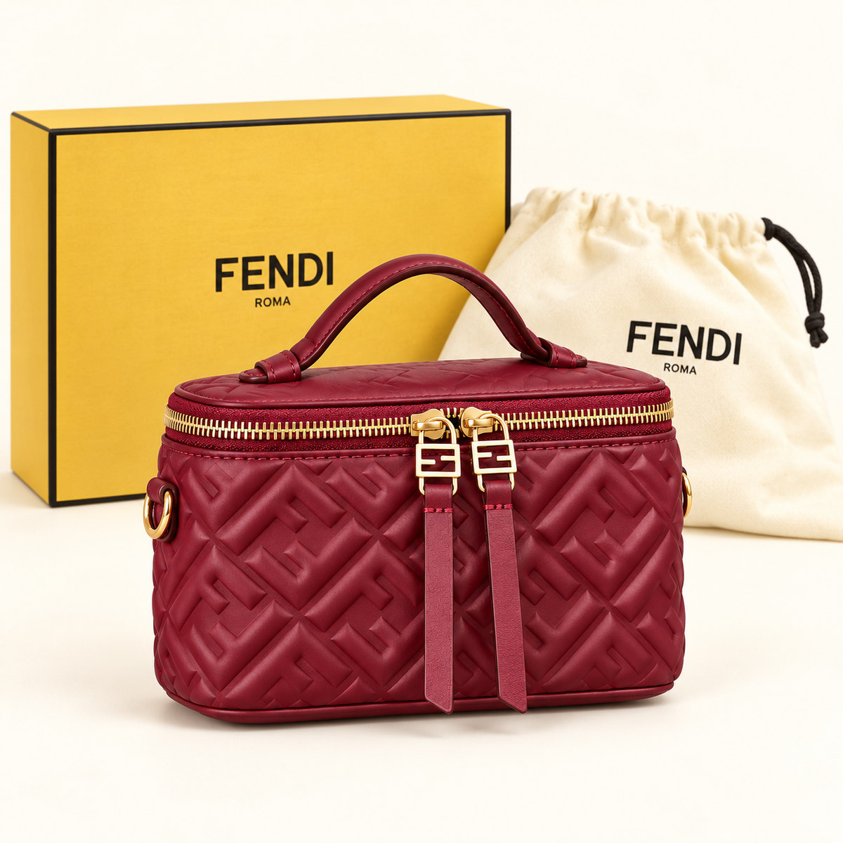 Fendi Mini vanity à relief — Bordeaux avec boîte et housse