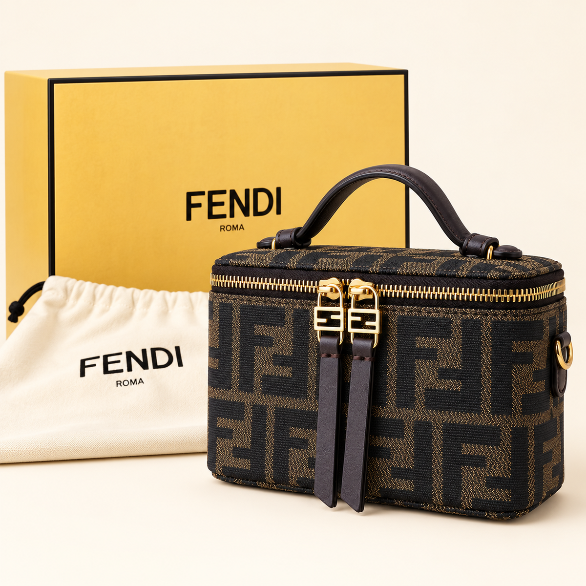 Fendi Mini vanity monogramme — Brun et noir avec boîte et housse