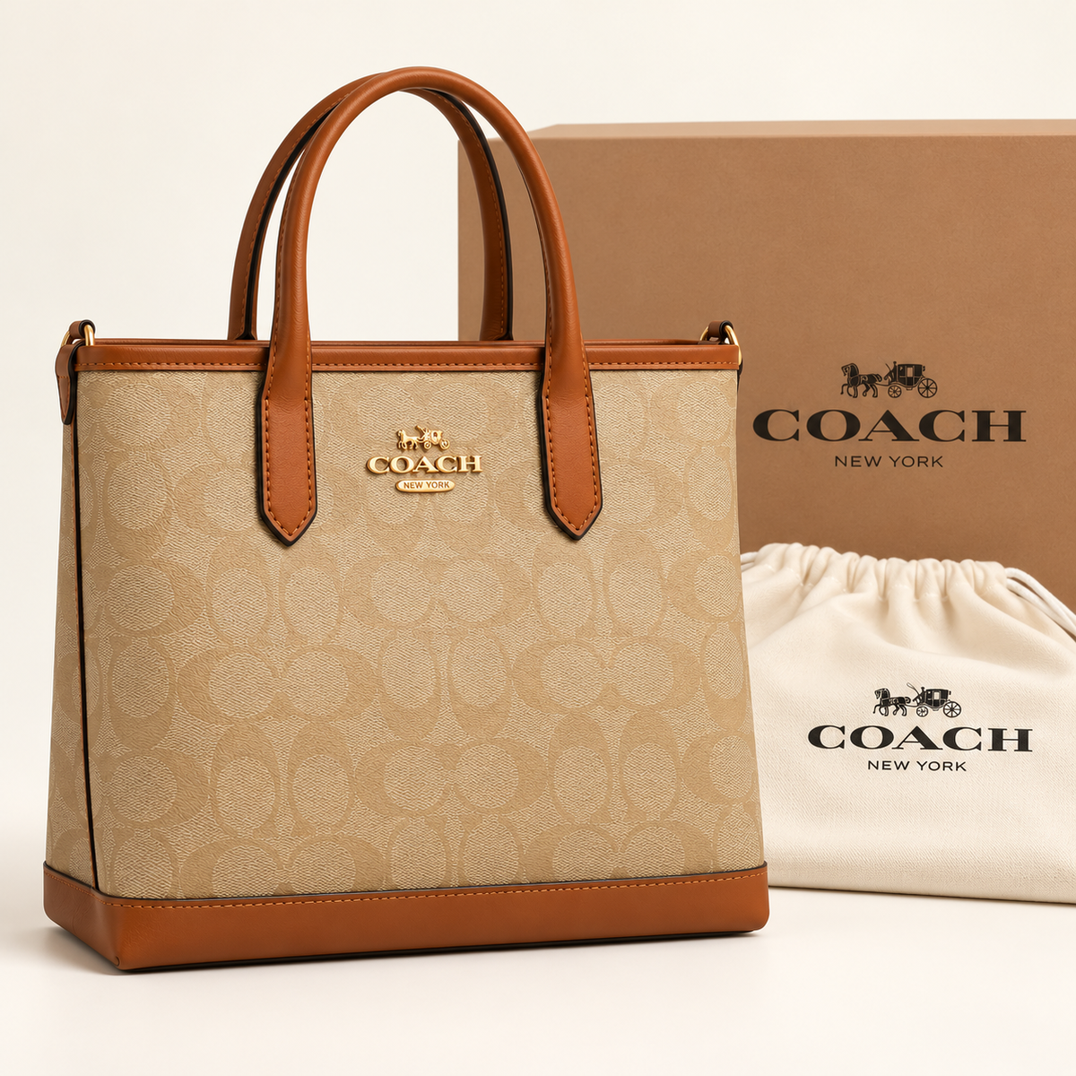 Coach Cabas monogramme — Beige et cognac avec boîte et housse