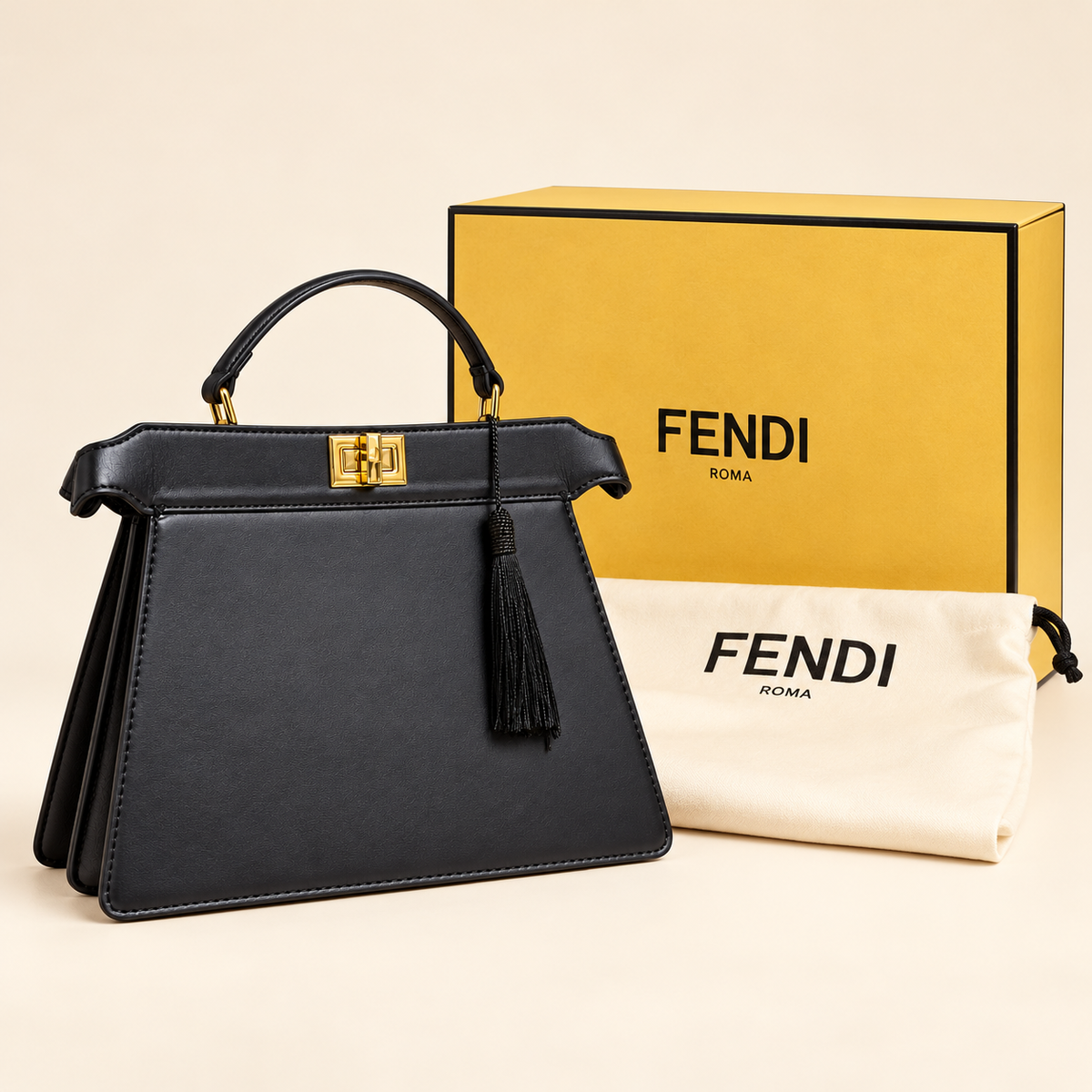 Fendi Sac trapèze à pompon — Noir avec boîte et housse