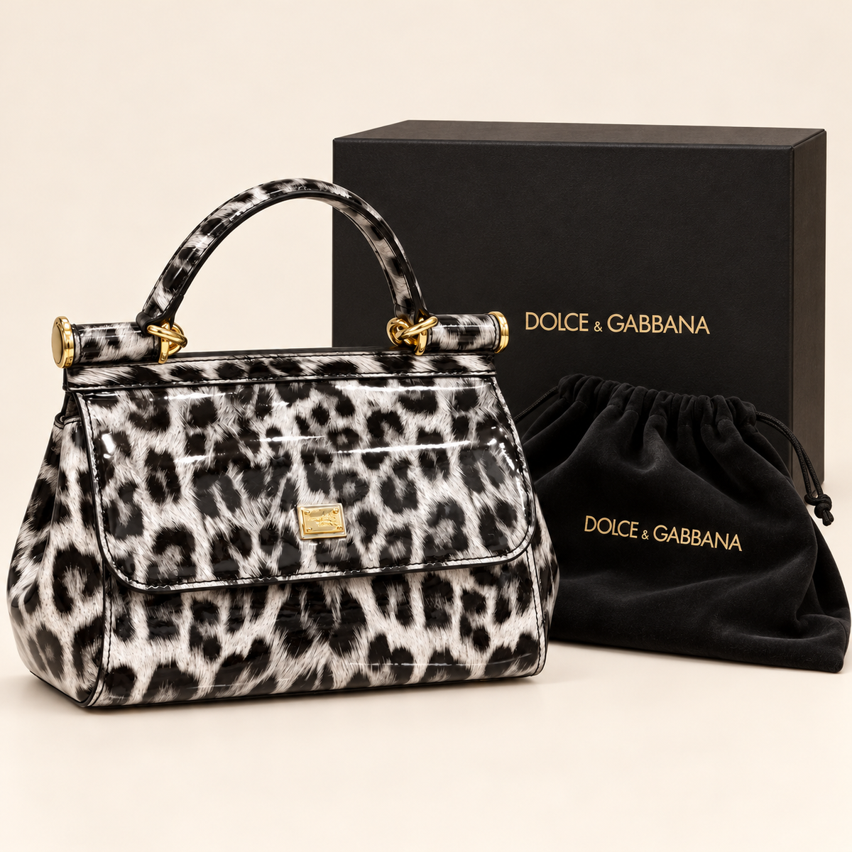 Dolce & Gabbana Sac à rabat verni — Léopard noir et blanc avec boîte et housse