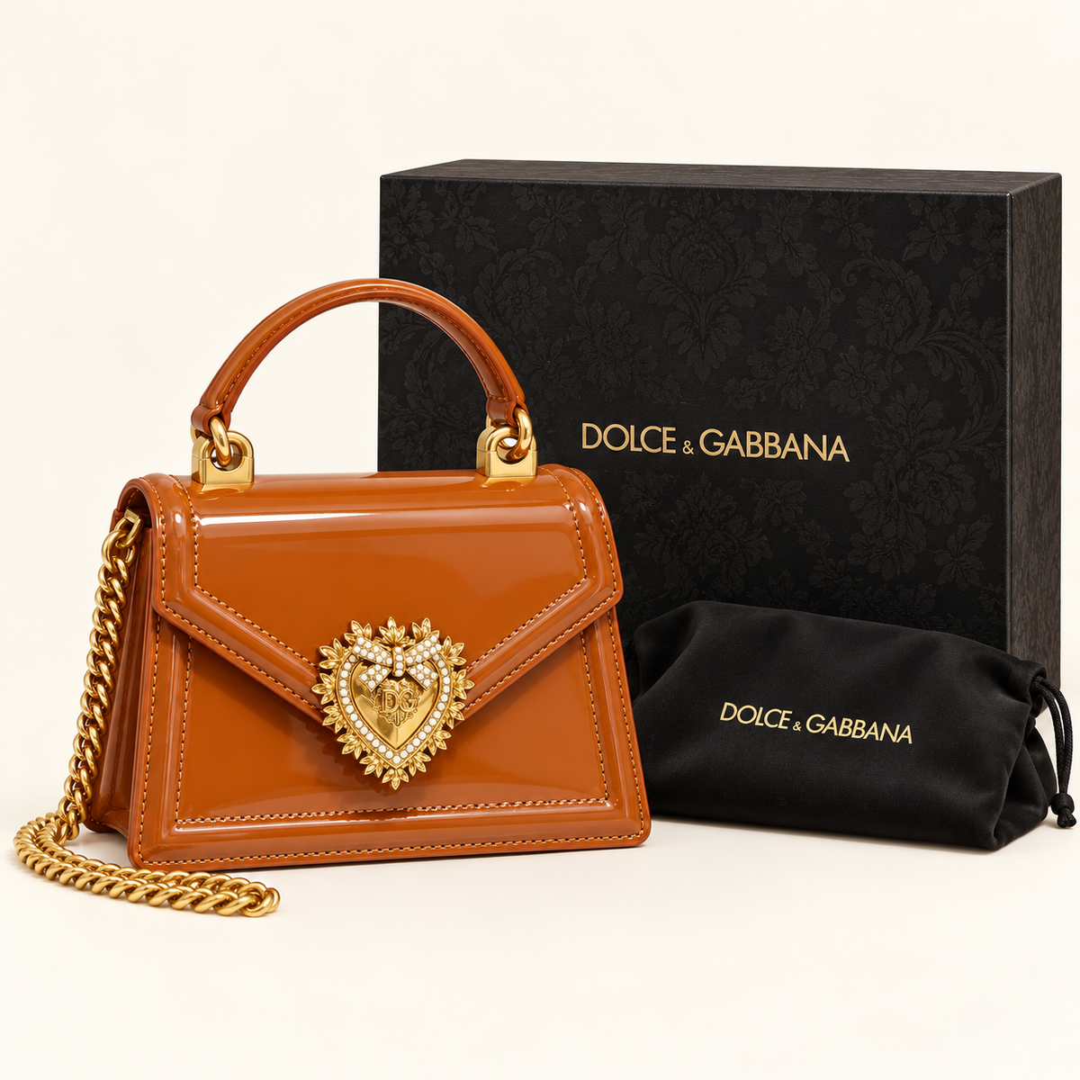 Dolce & Gabbana Sac verni à cœur — Caramel avec boîte et housse