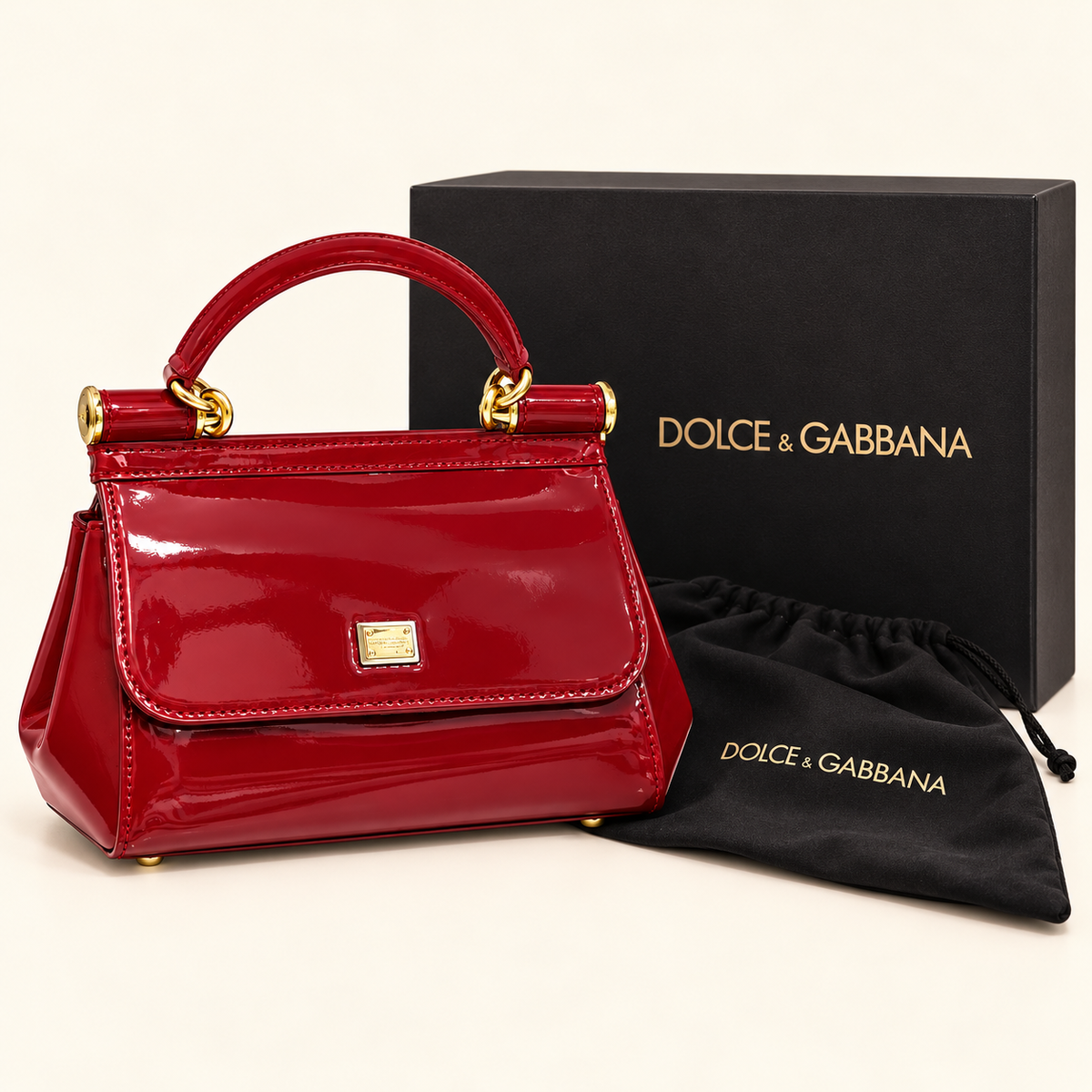 Dolce & Gabbana Sac à rabat verni — Rouge avec boîte et housse