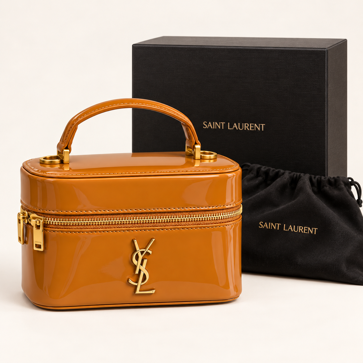 Saint Laurent Mini vanity verni — Caramel avec boîte et housse