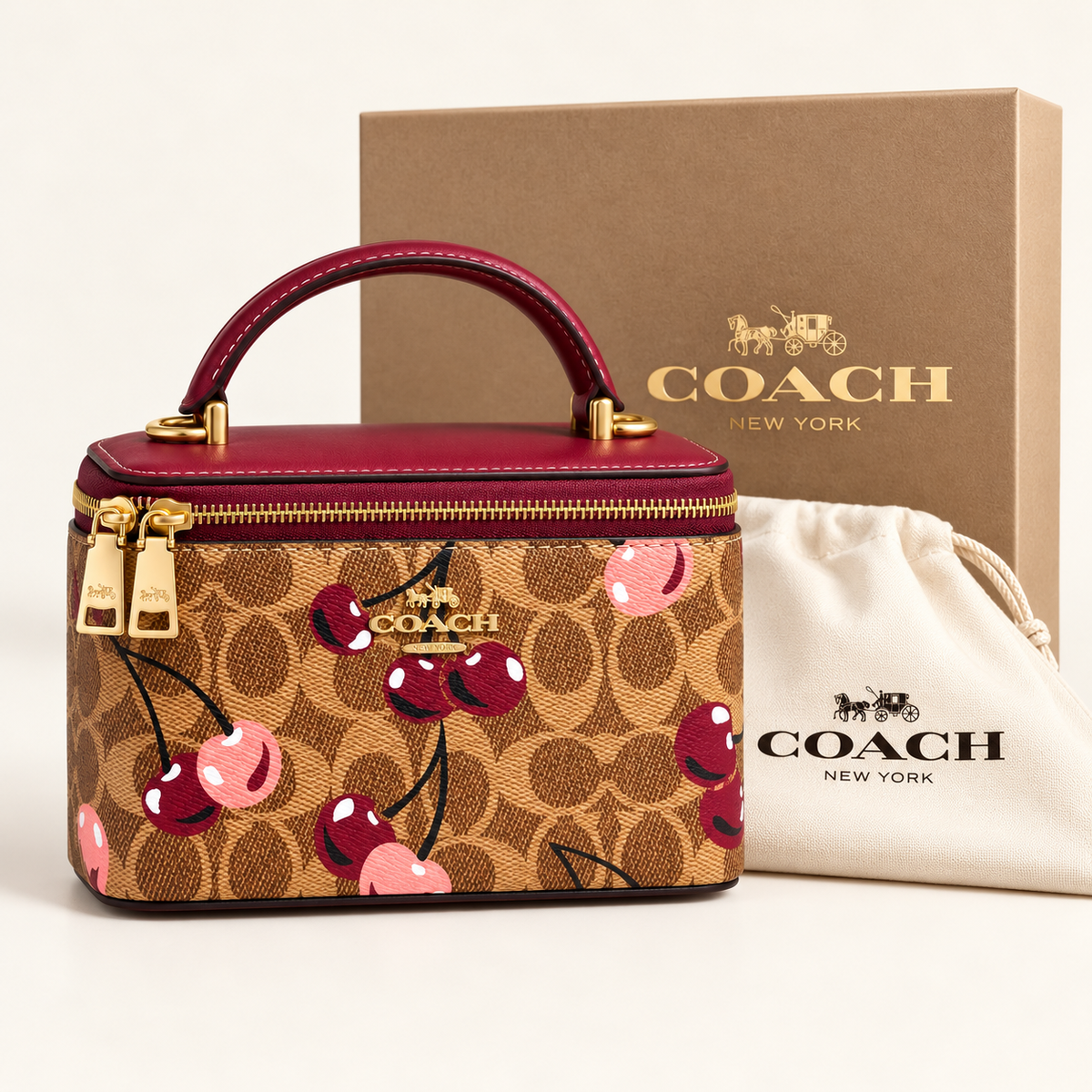 Coach Mini vanity cerises — Monogramme et bordeaux avec boîte et housse