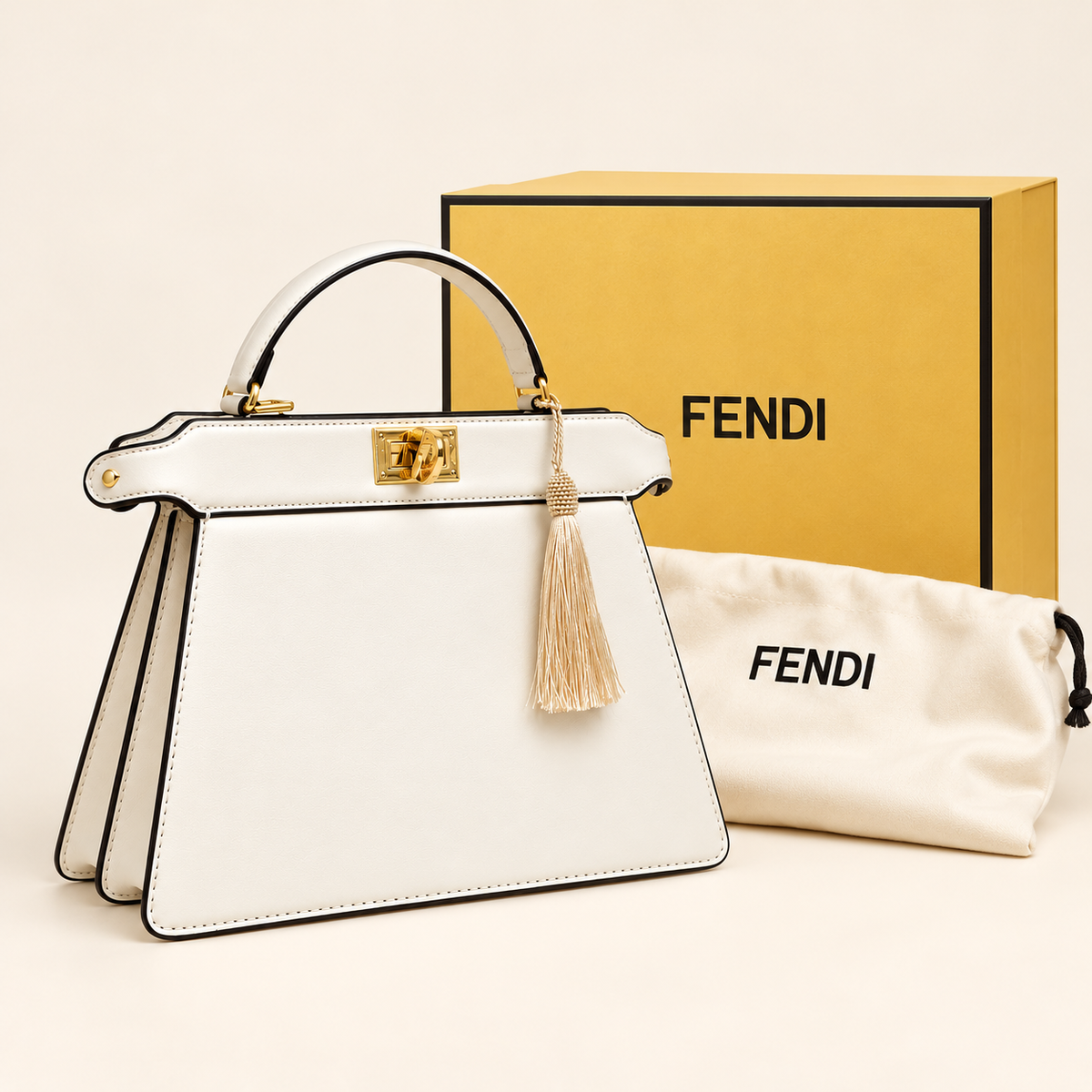 Fendi Sac trapèze à pompon — Ivoire avec boîte et housse