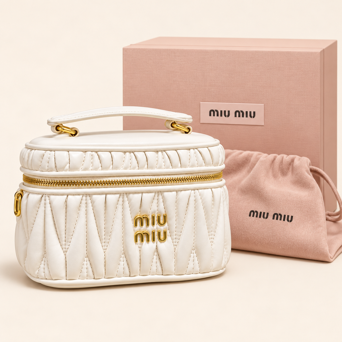 Miu Miu Mini vanity plissé — Ivoire avec boîte et housse