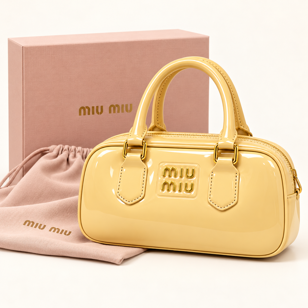 Miu Miu Mini sac verni — Jaune pastel avec boîte et housse