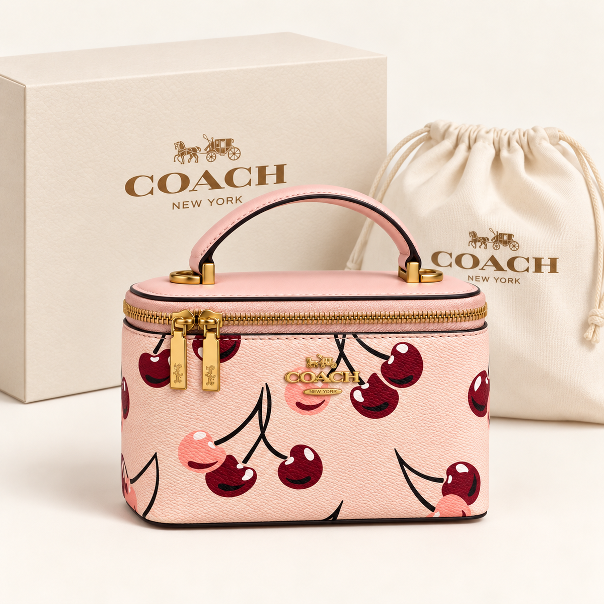 Coach Mini vanity cerises — Rose pastel avec boîte et housse