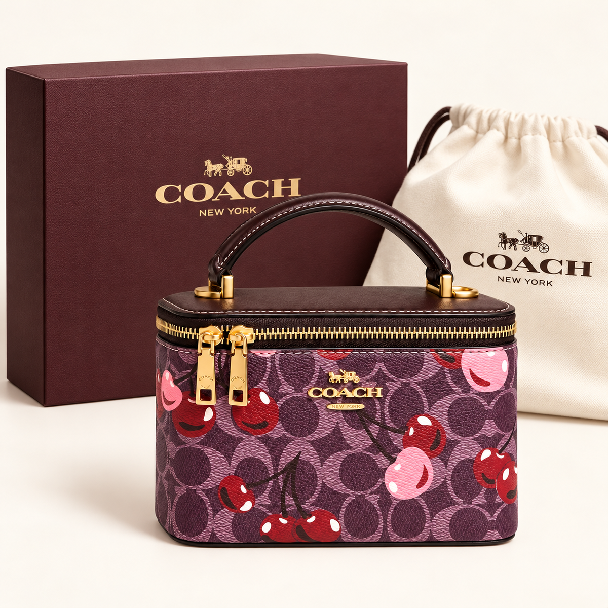 Coach Mini vanity cerises — Monogramme bordeaux avec boîte et housse