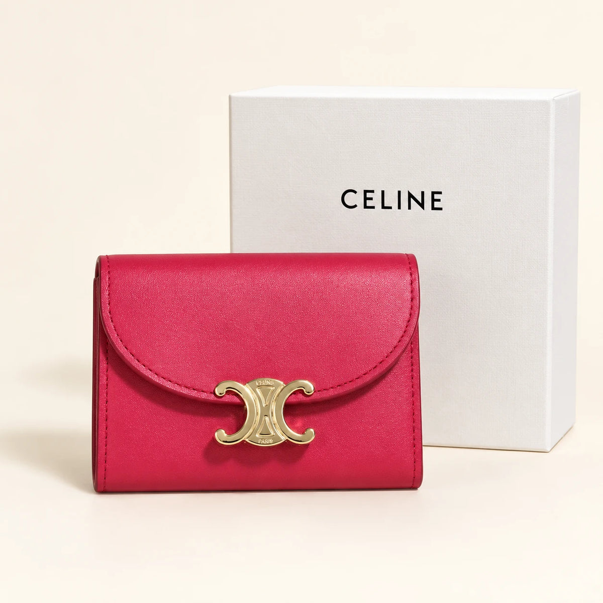 Portefeuille à rabat signature dorée — Fuchsia avec boîte