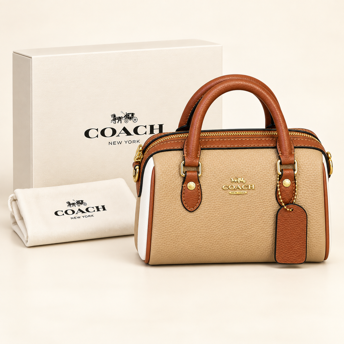 Mini sac à anses — Beige et caramel — avec boîte, visuel généré
