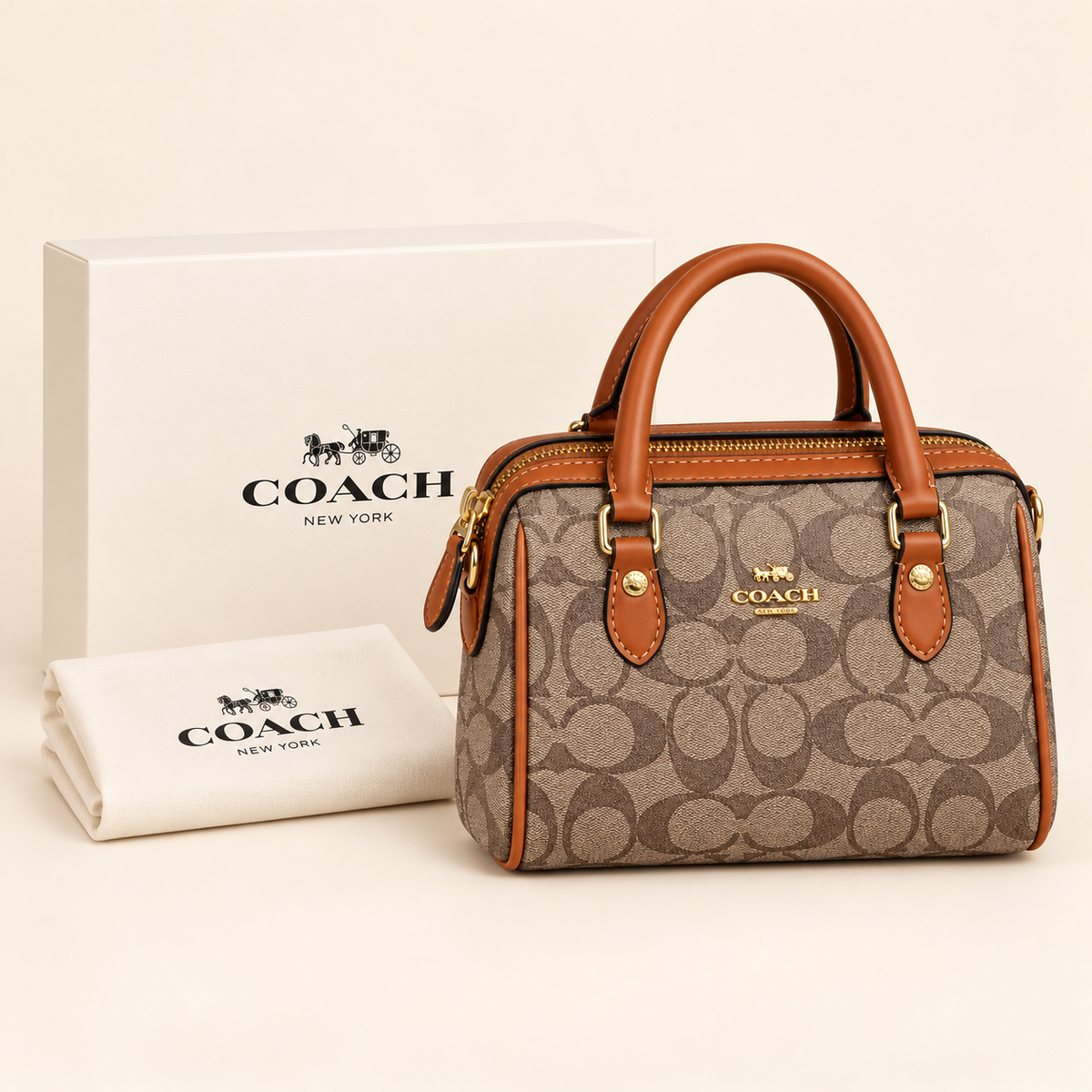 Mini sac à anses — Monogramme et cognac — avec boîte, visuel généré