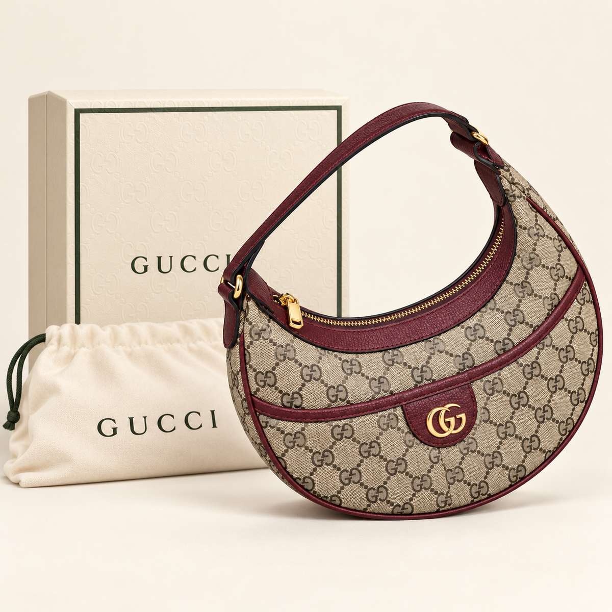 Sac demi-lune monogramme — Bordeaux — avec boîte et housse