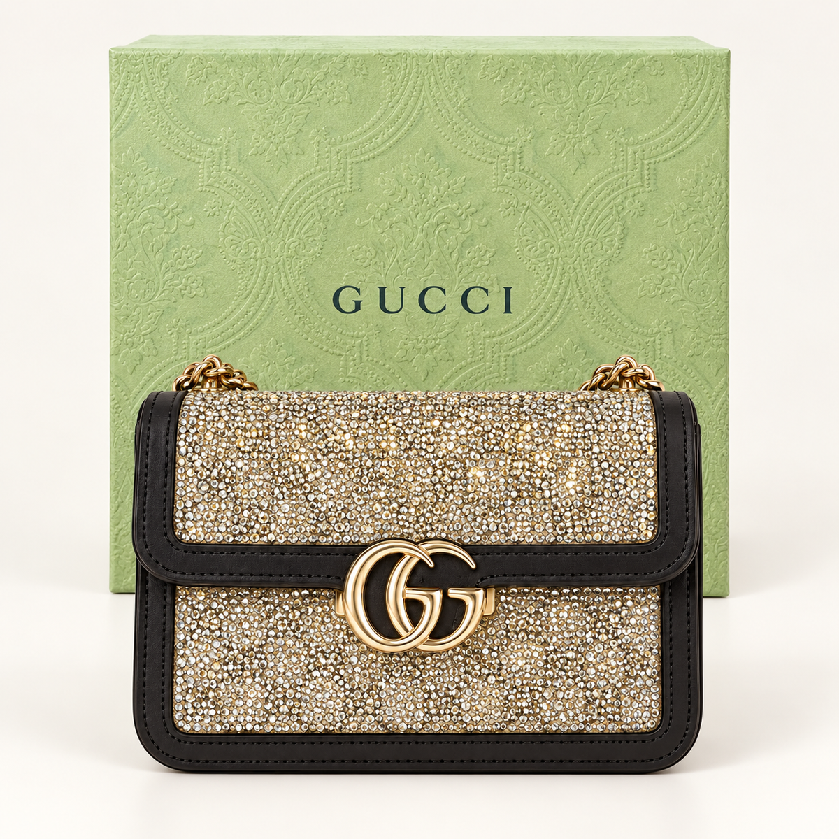 Sac rabat double G — Beige — présentation avec emballage, image générée