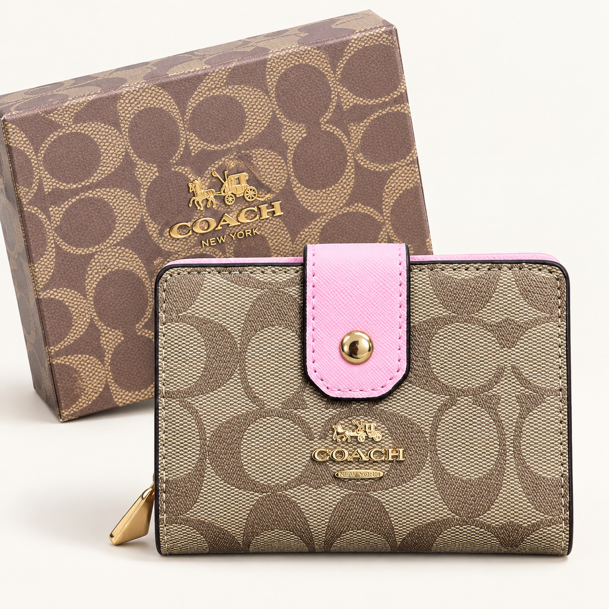 Portefeuille monogramme à patte — Beige et rose avec boîte