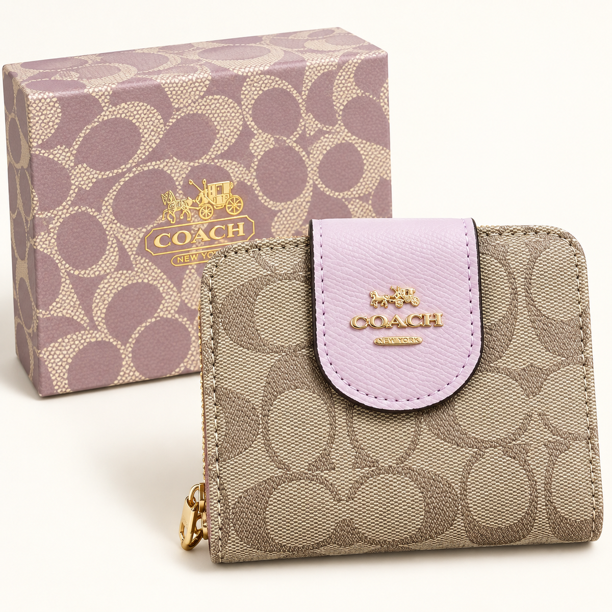 Portefeuille monogramme à rabat arrondi — Beige et lilas avec boîte