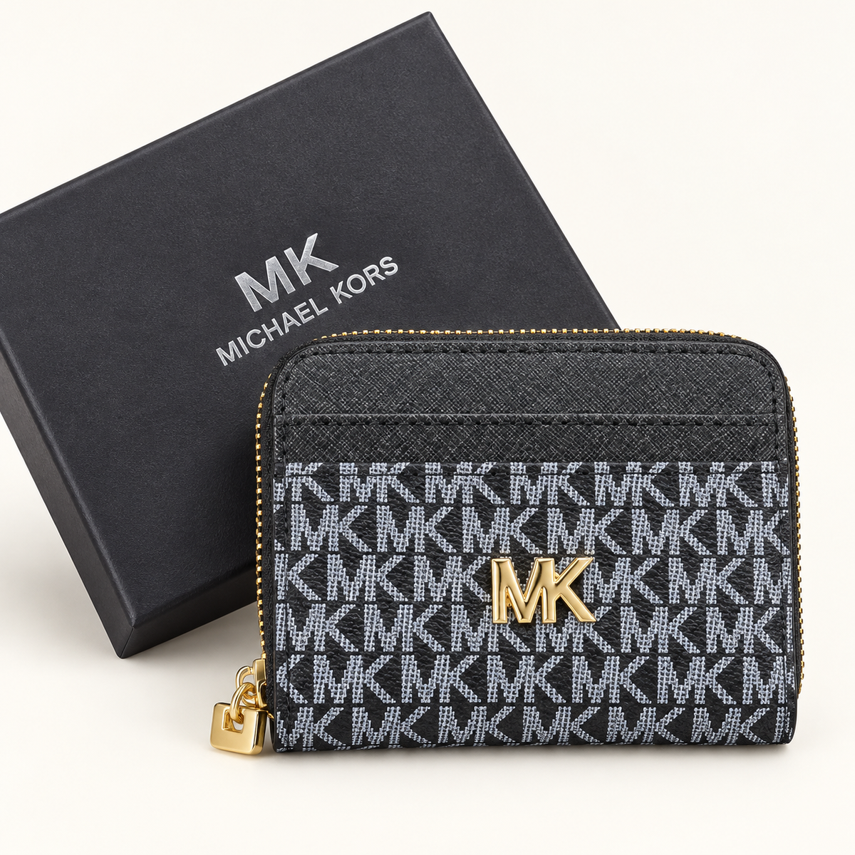 Portefeuille compact zippé — Monogramme noir avec boîte