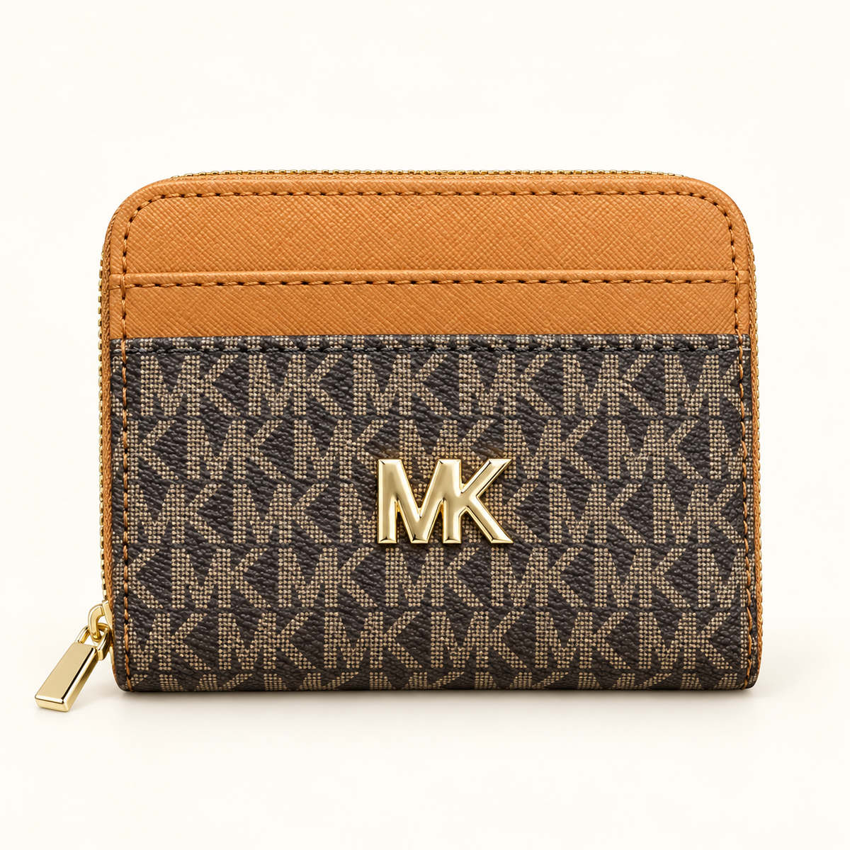 Portefeuille compact zippé — Monogramme brun et caramel