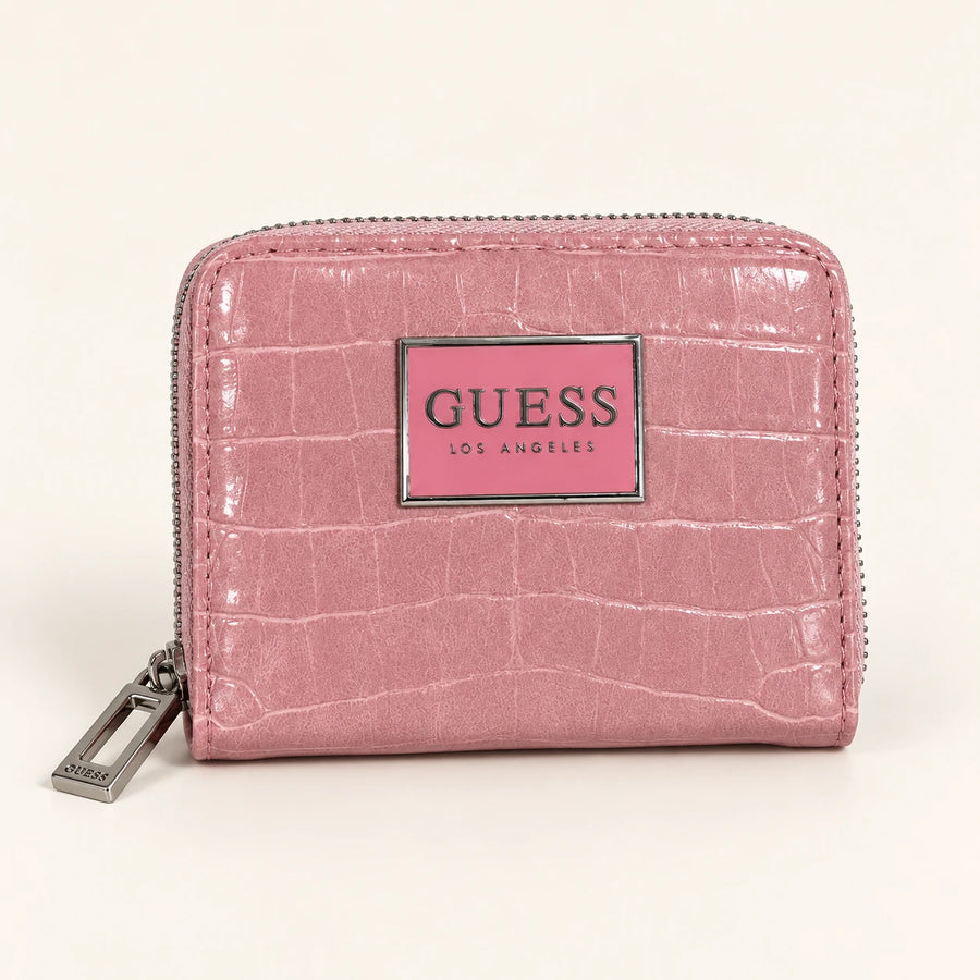Guess — Portefeuille zippé effet crocodile — Rose