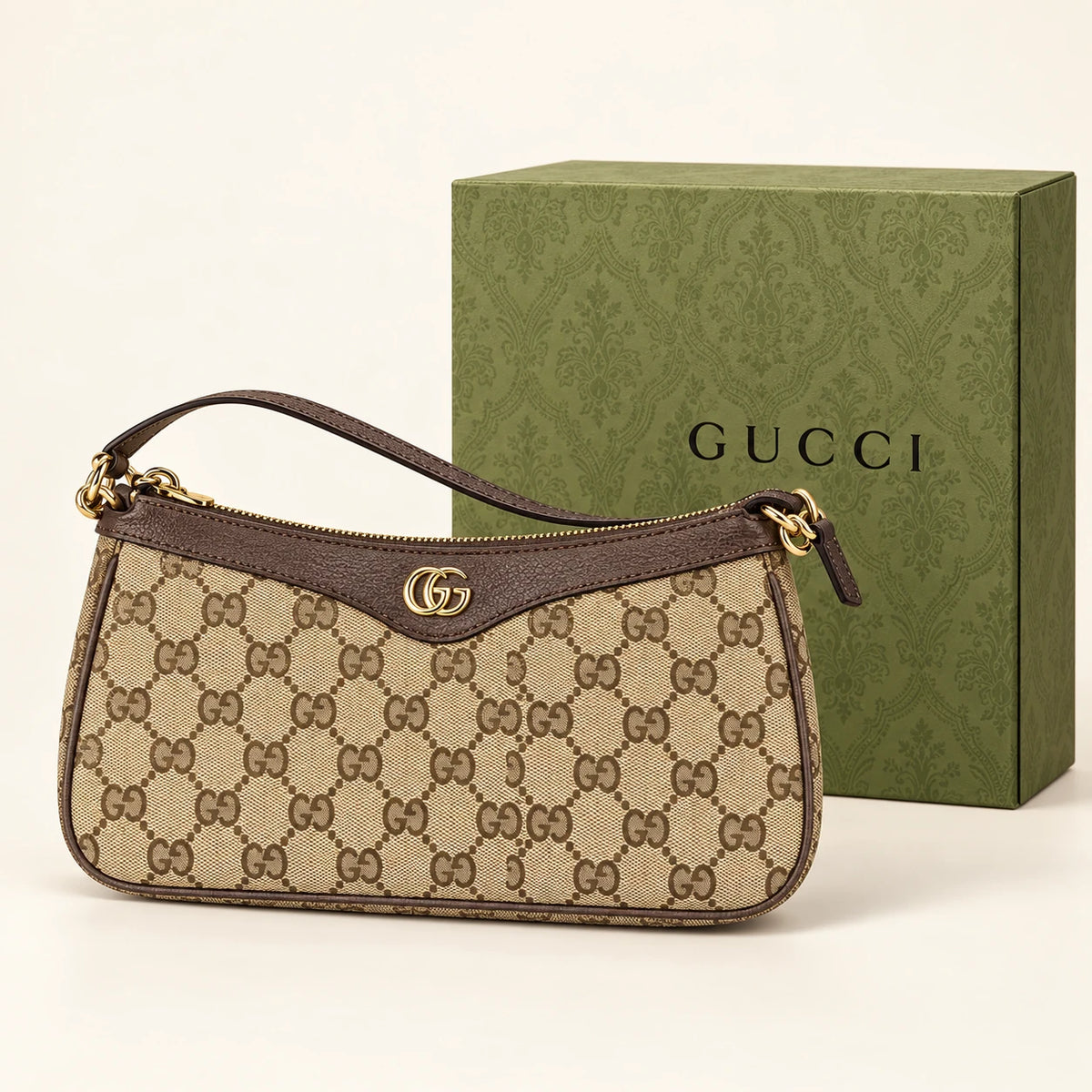 Gucci — Sac épaule monogramme — Beige et chocolat avec boîte