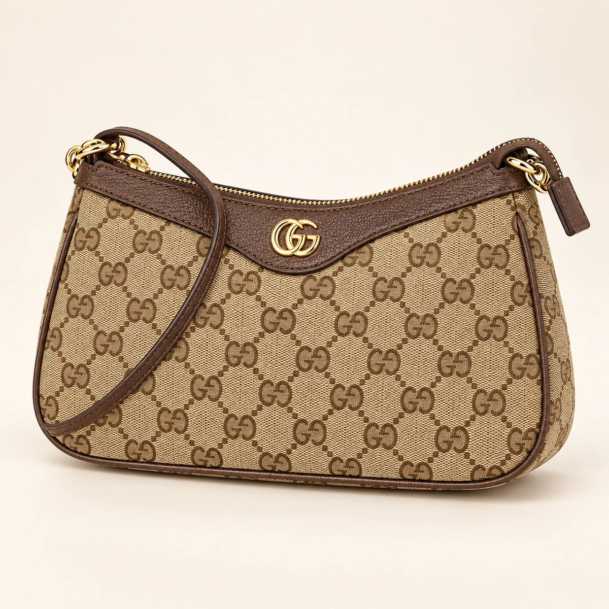 Gucci — Sac épaule monogramme — Beige et chocolat