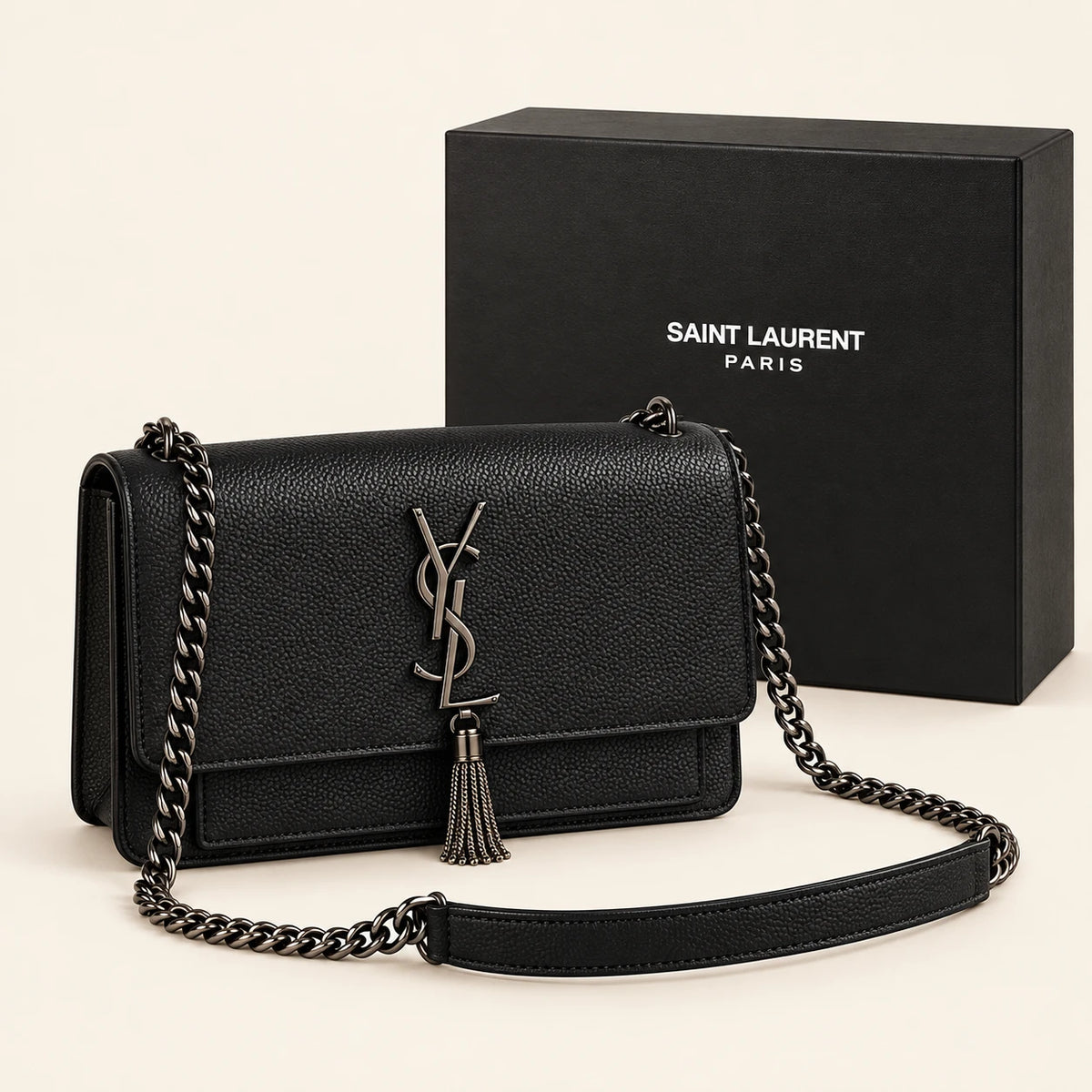 Saint Laurent — Sac chaîne à pampille — Noir avec boîte
