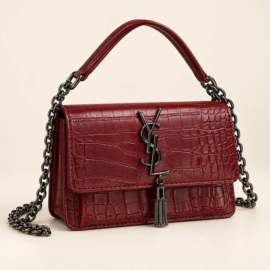 Saint Laurent — Sac chaîne effet crocodile à pampille — Bordeaux