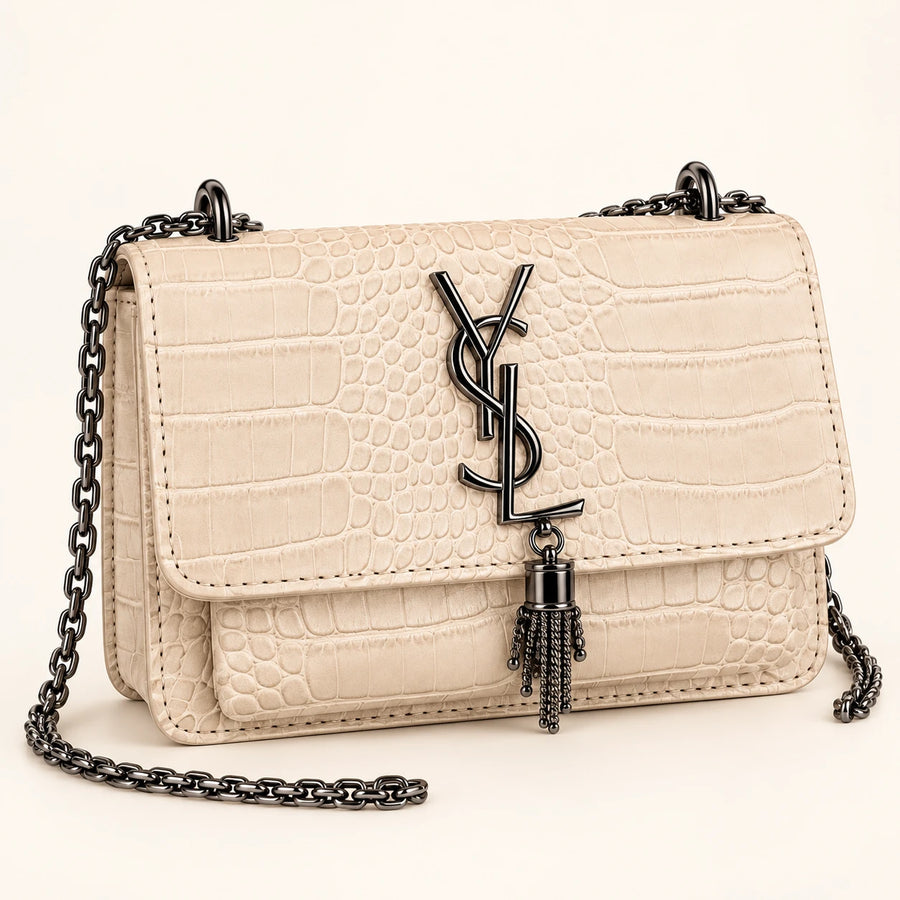 Saint Laurent — Sac chaîne effet crocodile à pampille — Beige