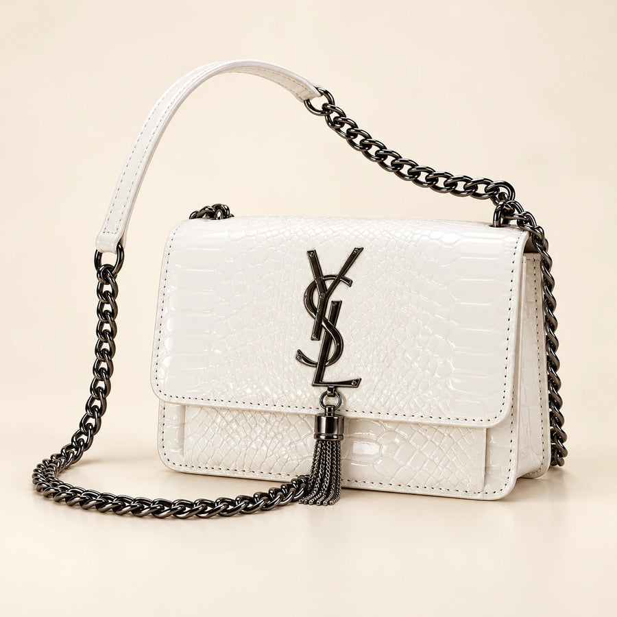 Saint Laurent — Sac chaîne effet crocodile à pampille — Blanc