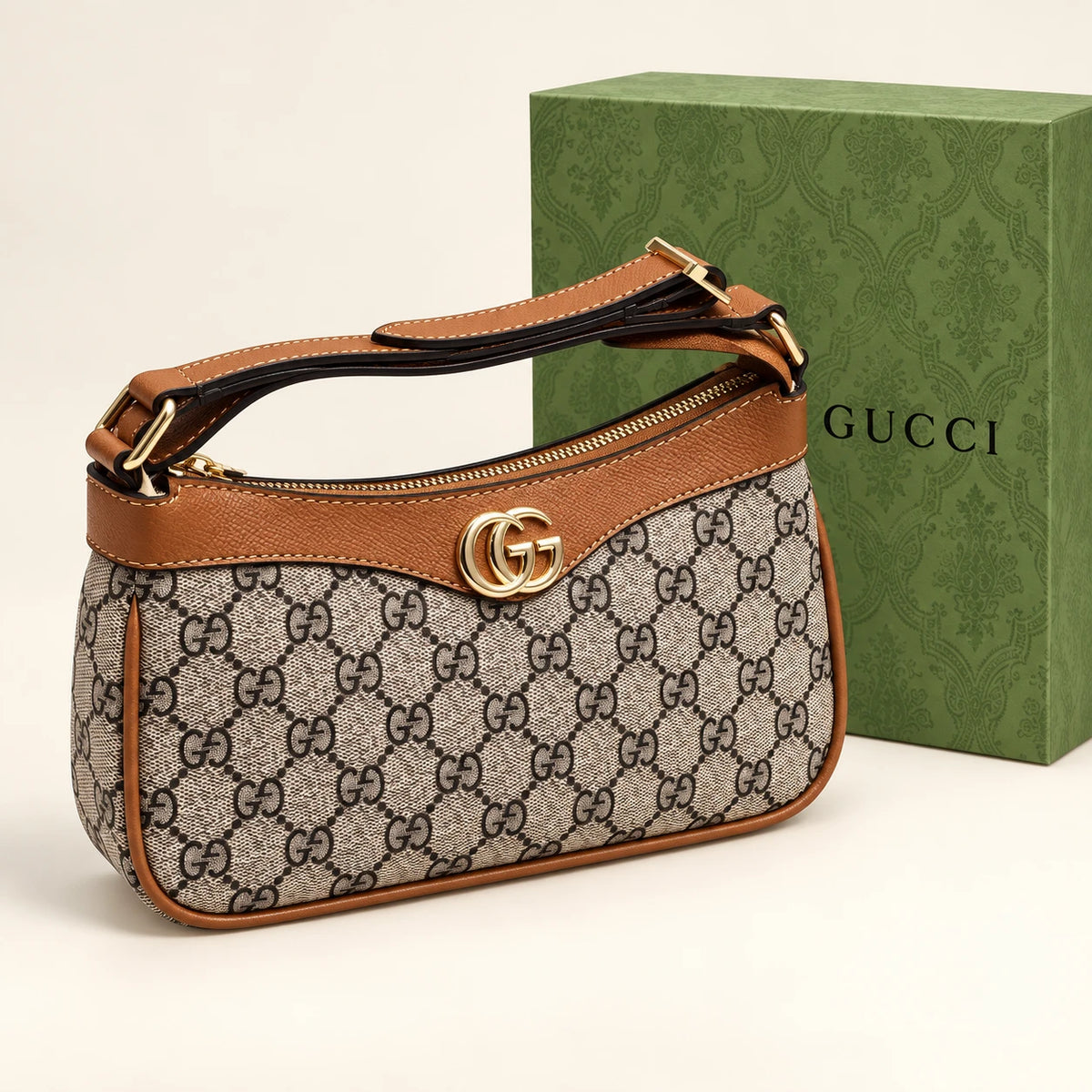 Gucci — Sac épaule zippé double G — Cognac avec boîte