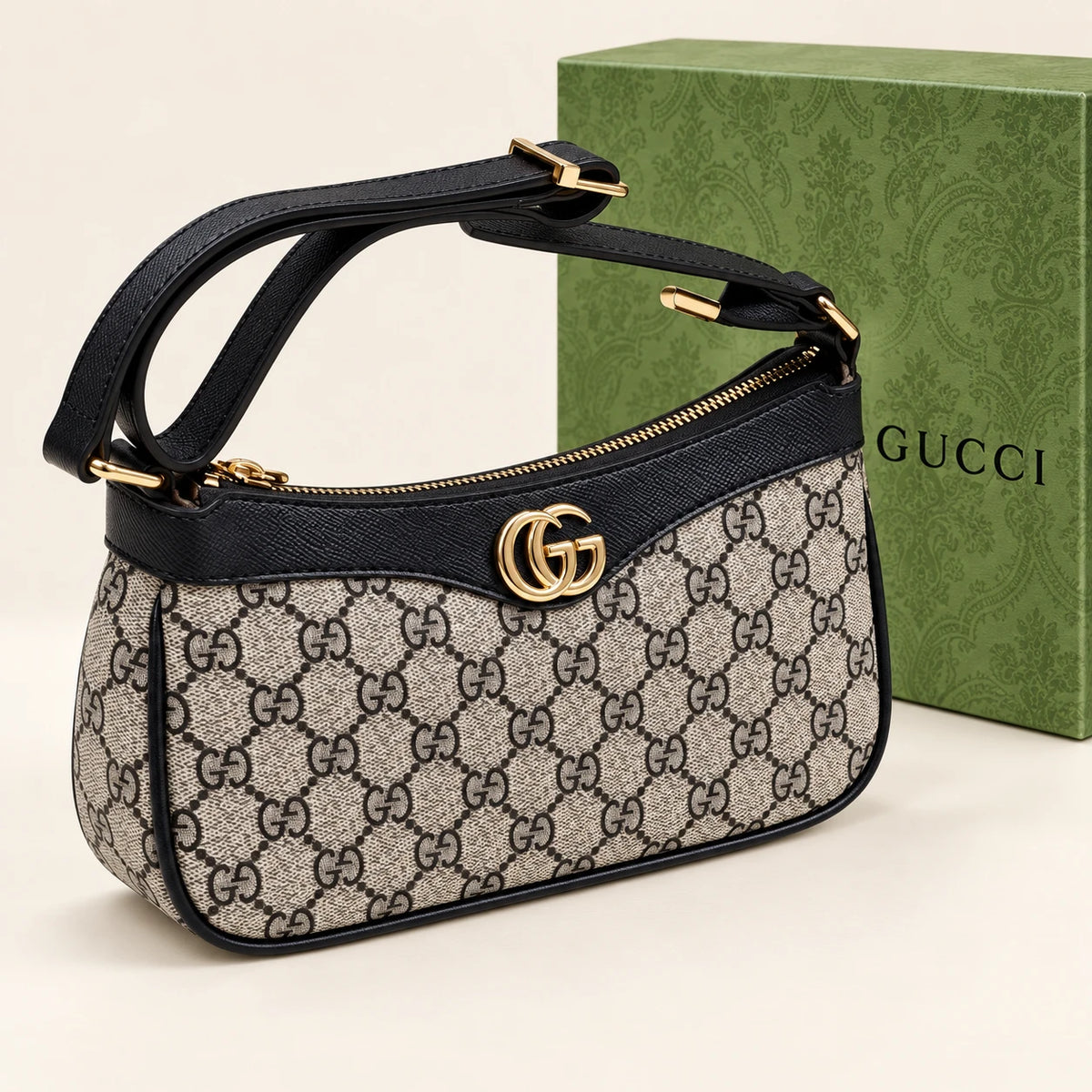 Gucci — Sac épaule zippé double G — Noir avec boîte
