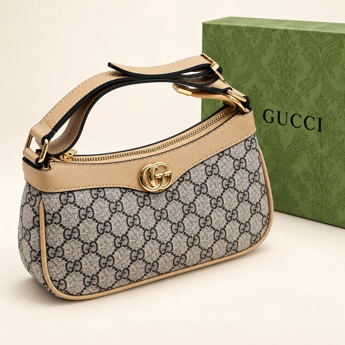 Gucci — Sac épaule zippé double G — Beige avec boîte