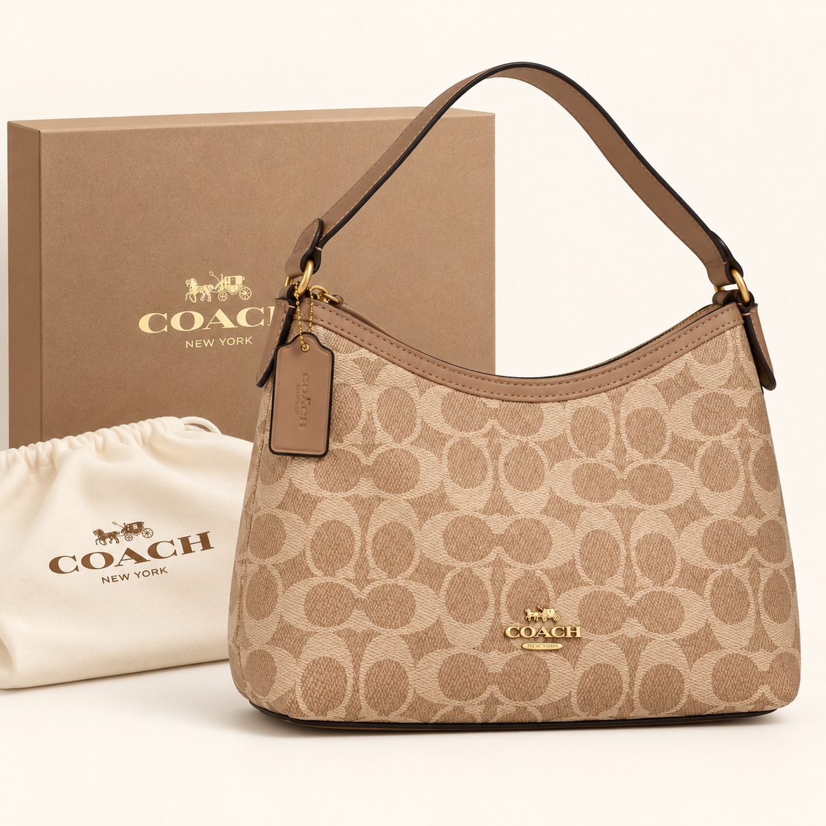 Coach Sac hobo — Beige et taupe avec boîte et housse