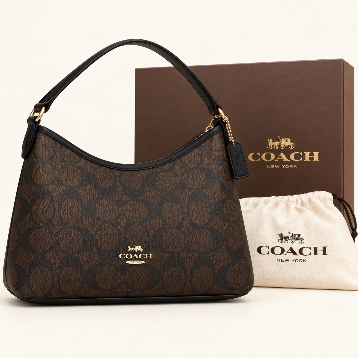 Coach Sac hobo — Brun et noir avec boîte et housse