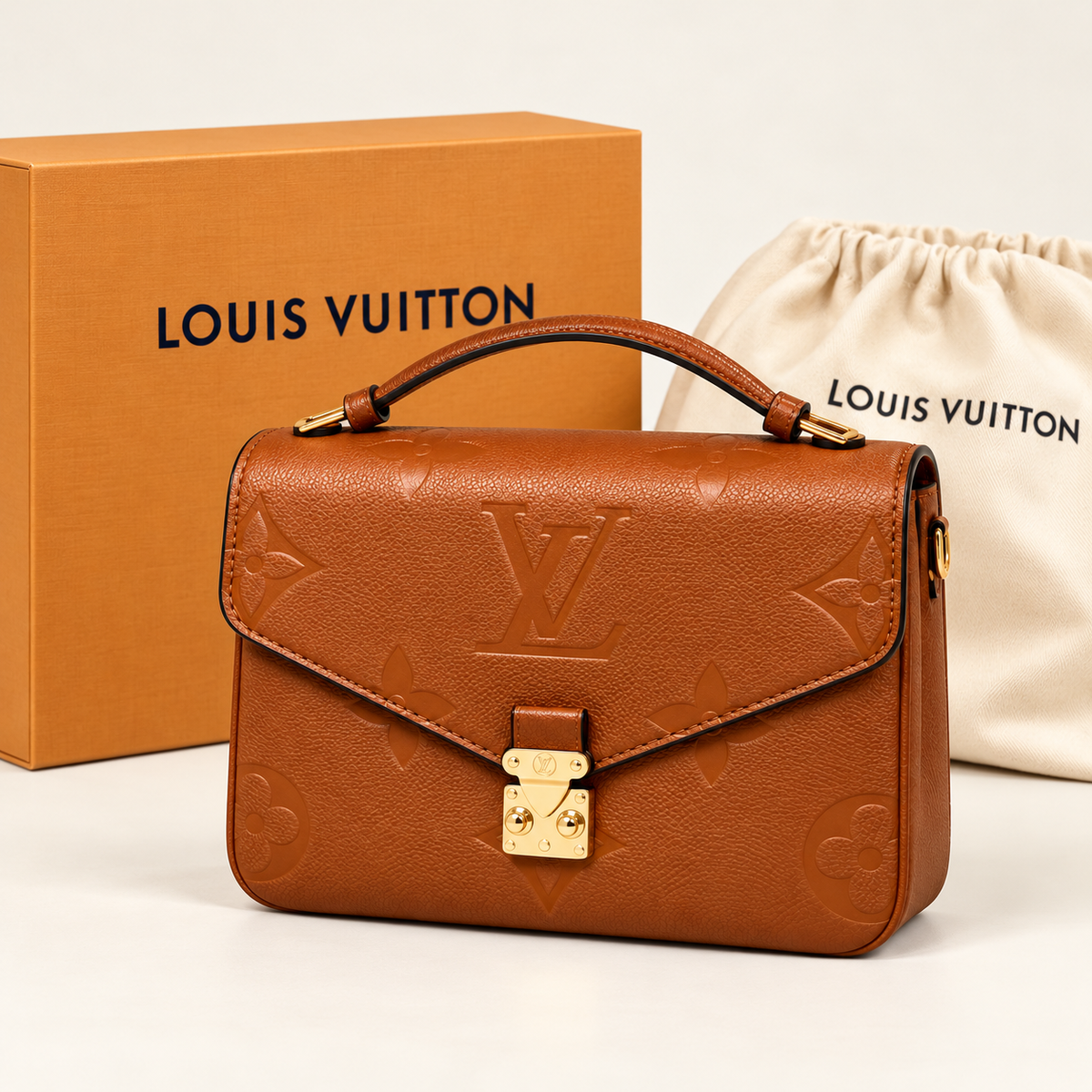 Louis Vuitton Sac à rabat monogramme en relief — Caramel avec boîte et housse