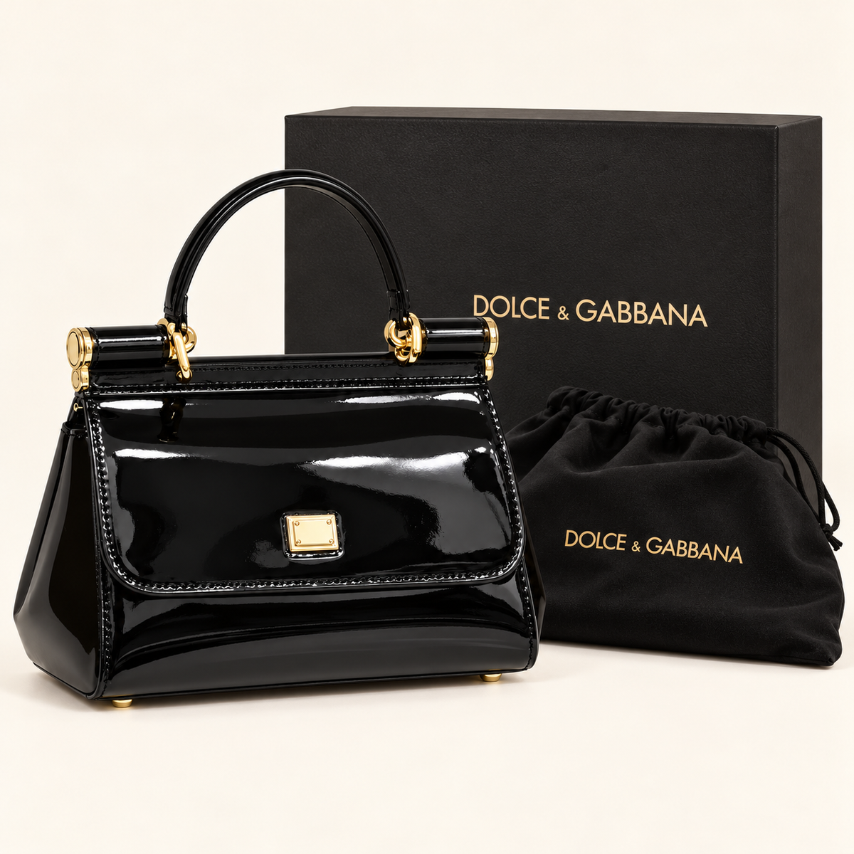 Dolce & Gabbana Sac à rabat verni — Noir avec boîte et housse